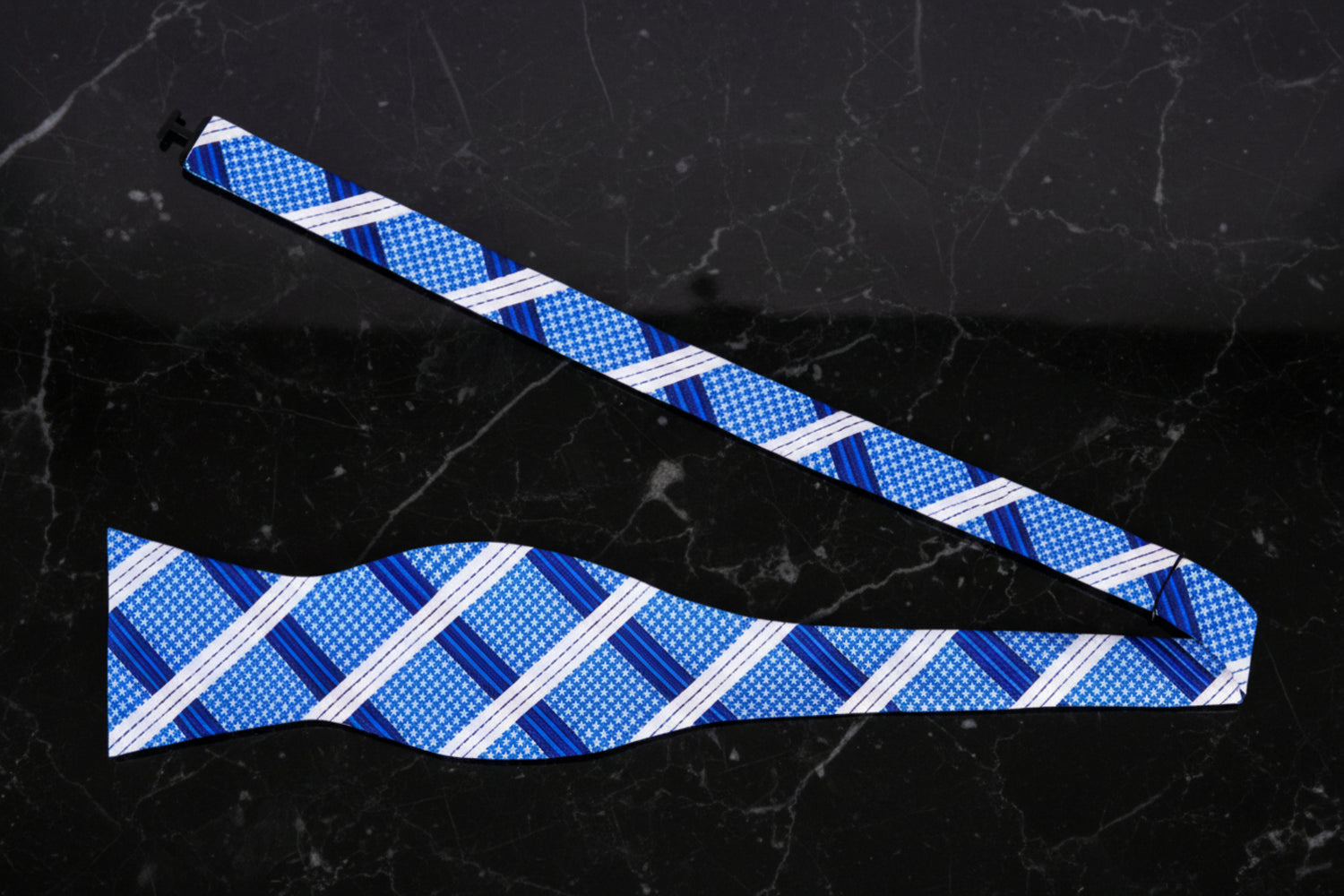 Untied View: A Blue, Dark Blue, White Plaid Pattern Self Tie Bow Tie