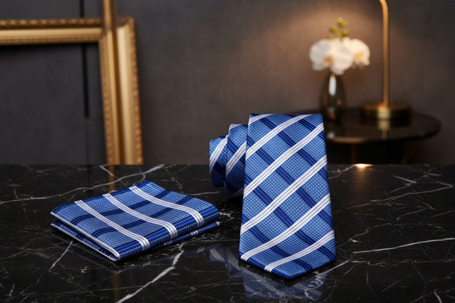 Alt View: Blue and White Plaid Tie and Pocket Square