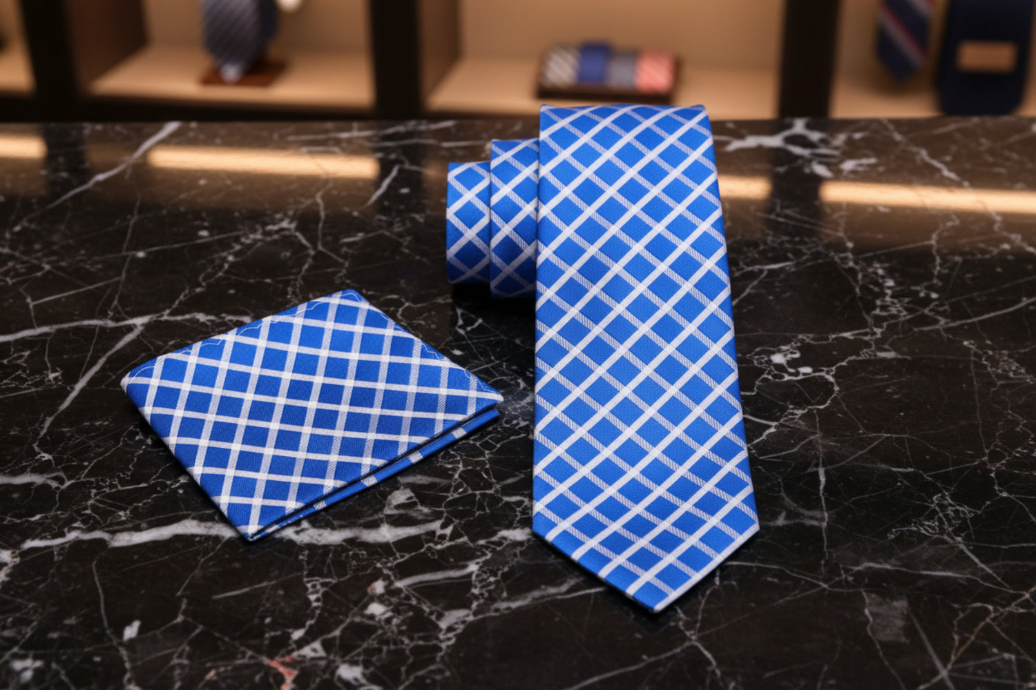 Alt View: Blue, White Geometric Tie and Pocket Square