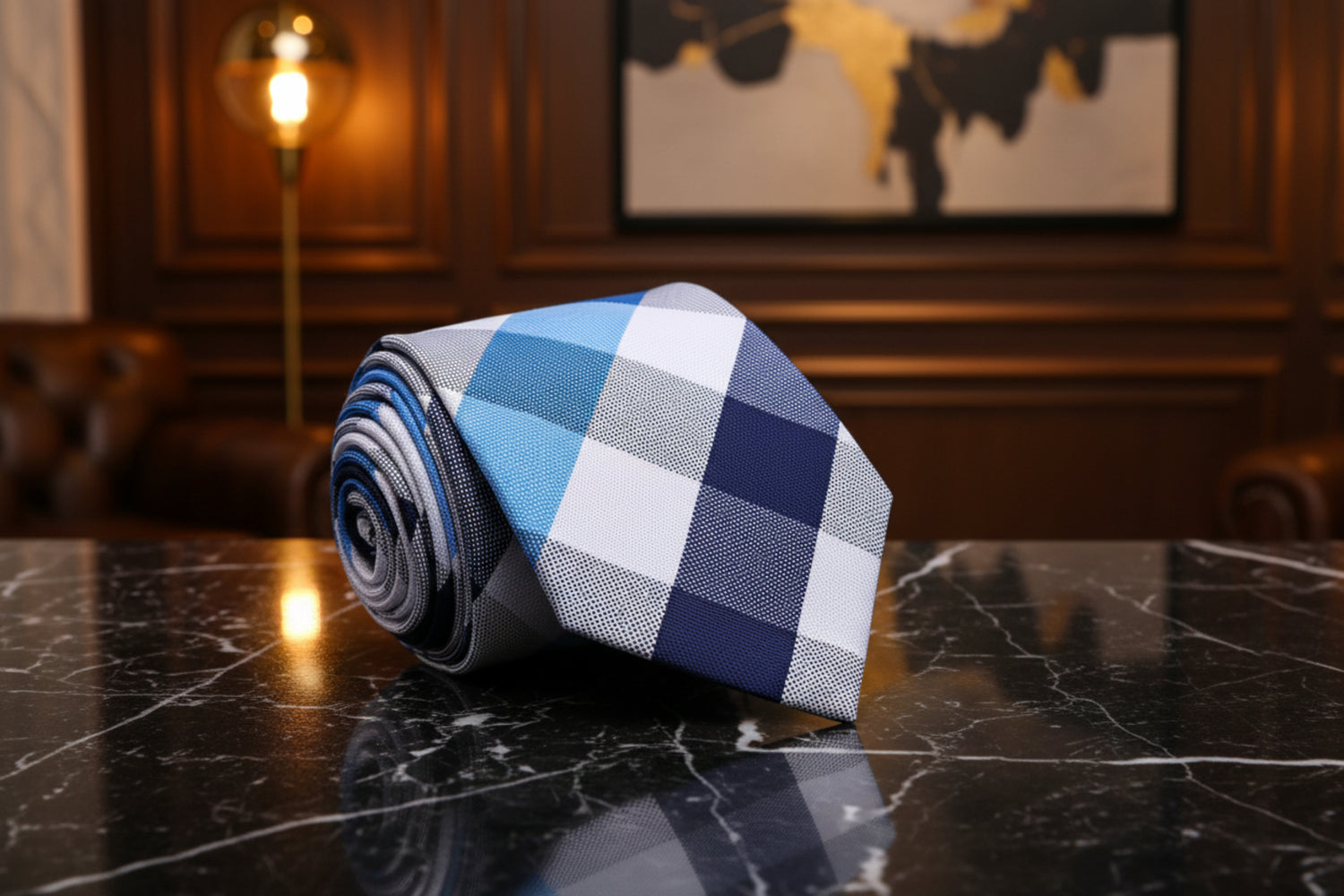 A Blue, Light Blue, White Plaid Pattern Necktie