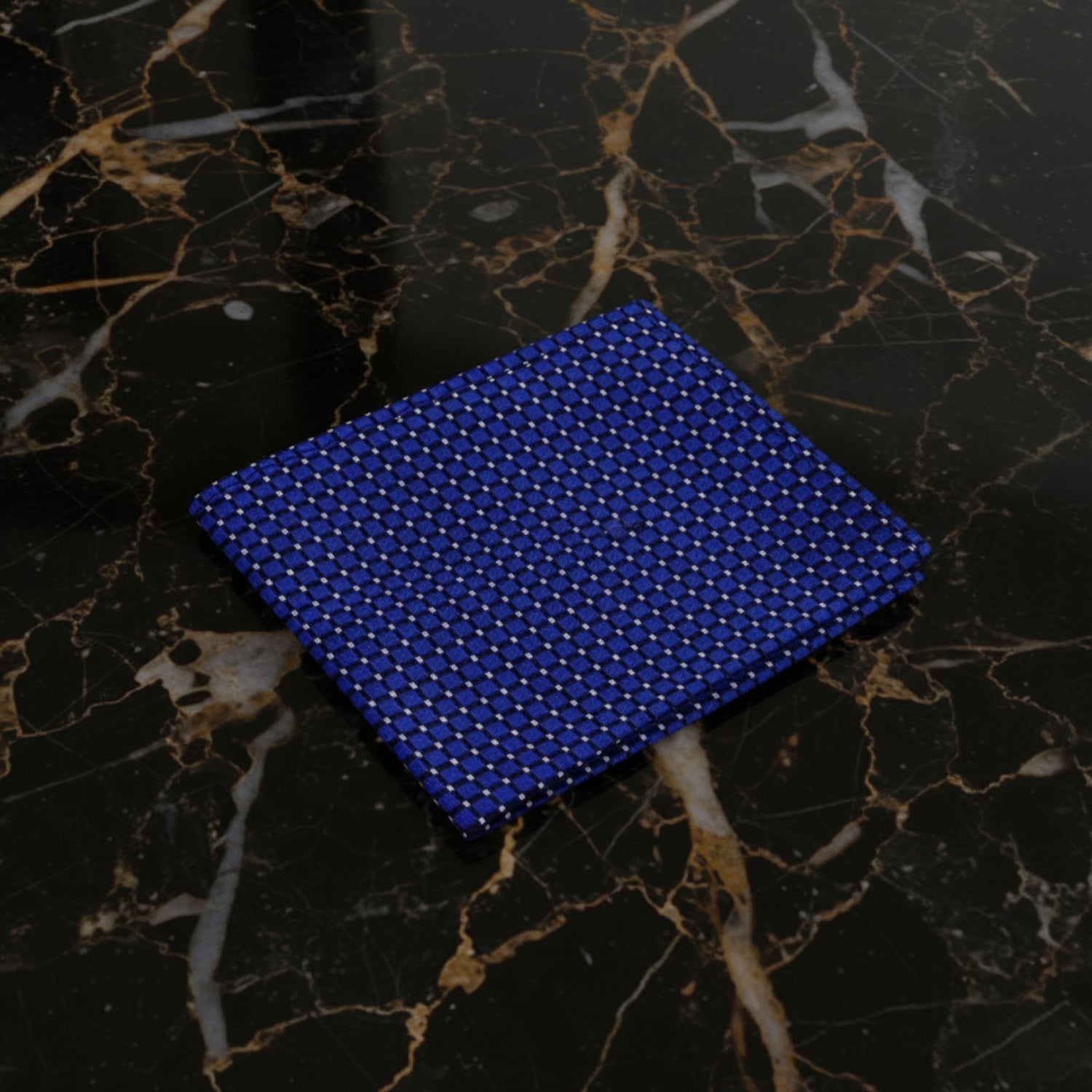 Main View: Dark Blue, White Color Small Geometric with Check Pattern Silk Pocket Square