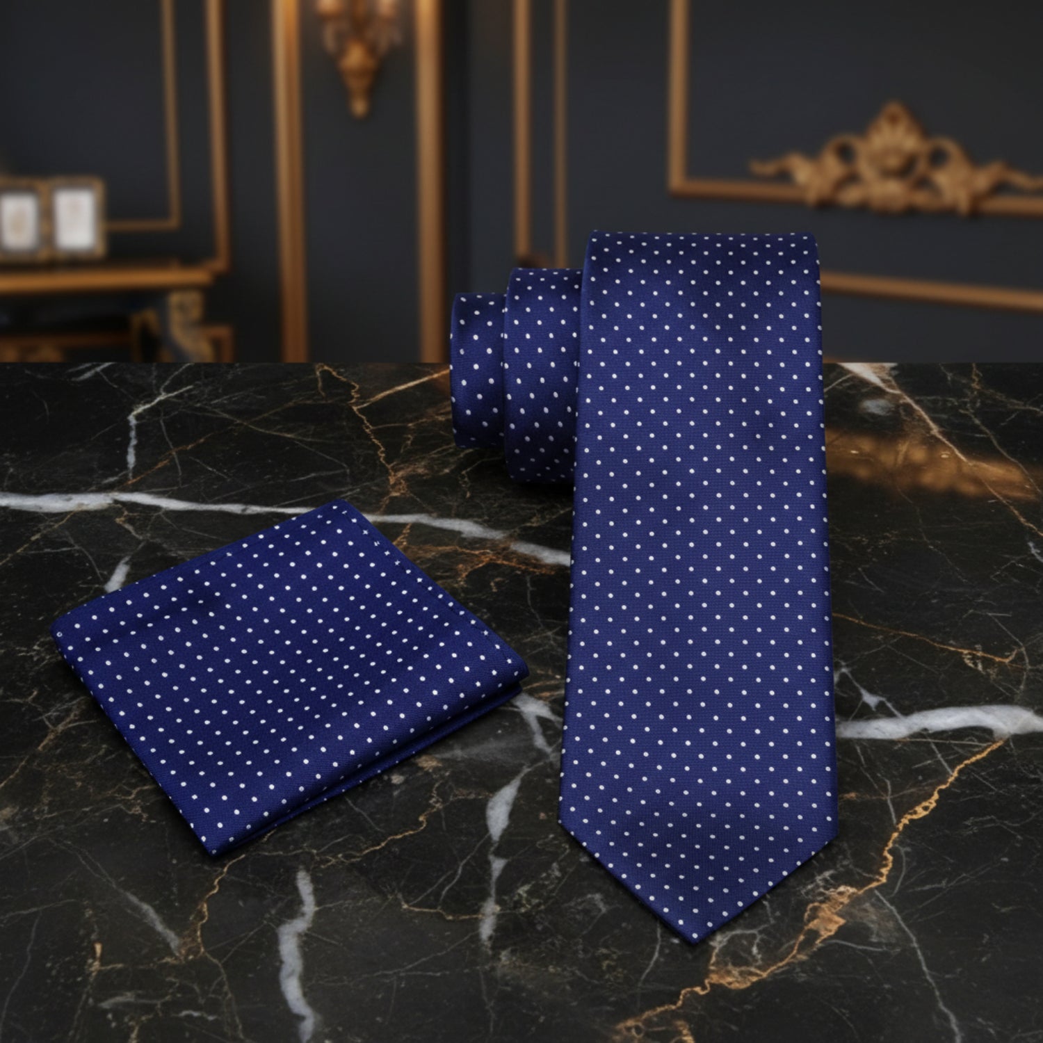 Alt View: Blue, White Polka Tie and Square