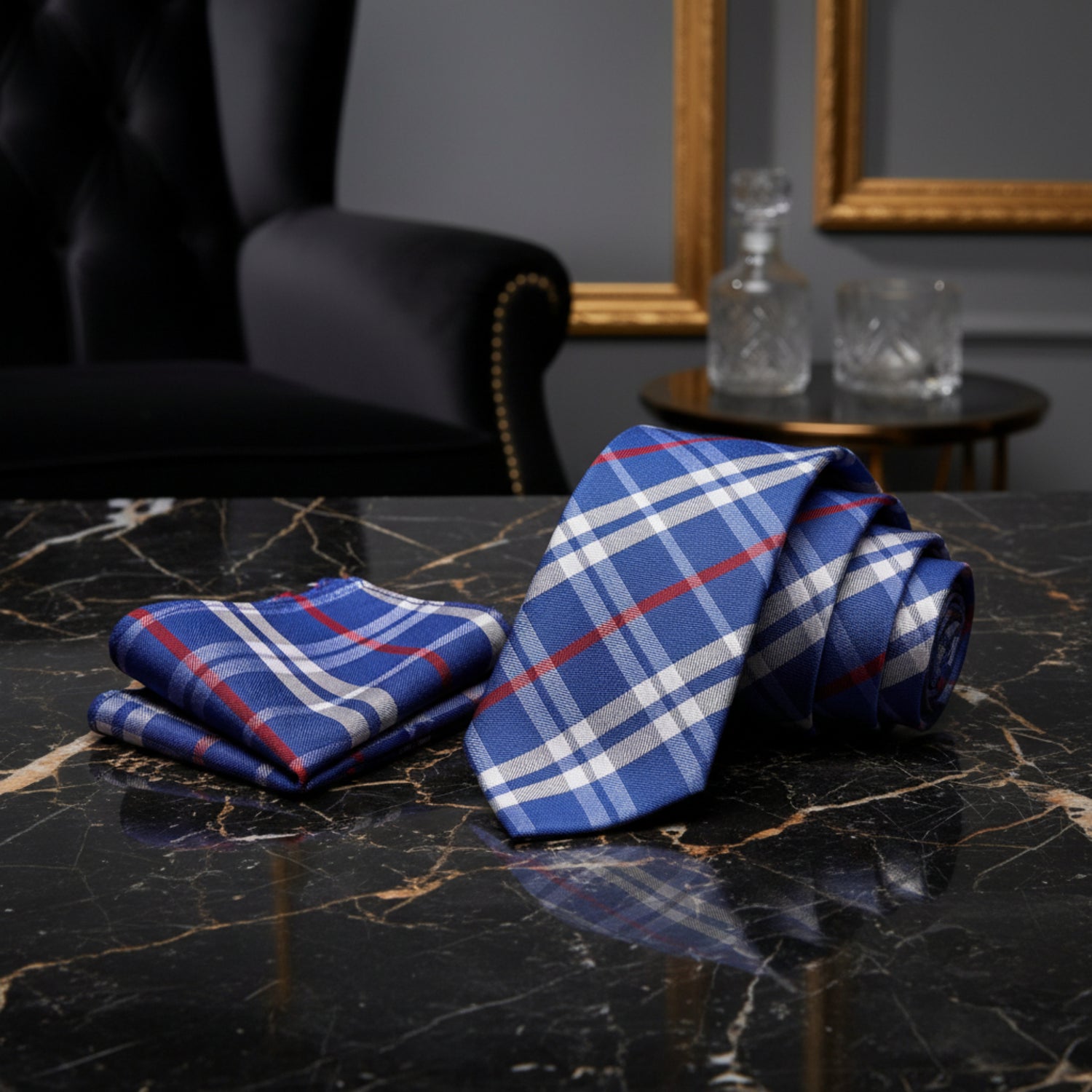 Secondary View: Blue White Red Plaid Tie and Square