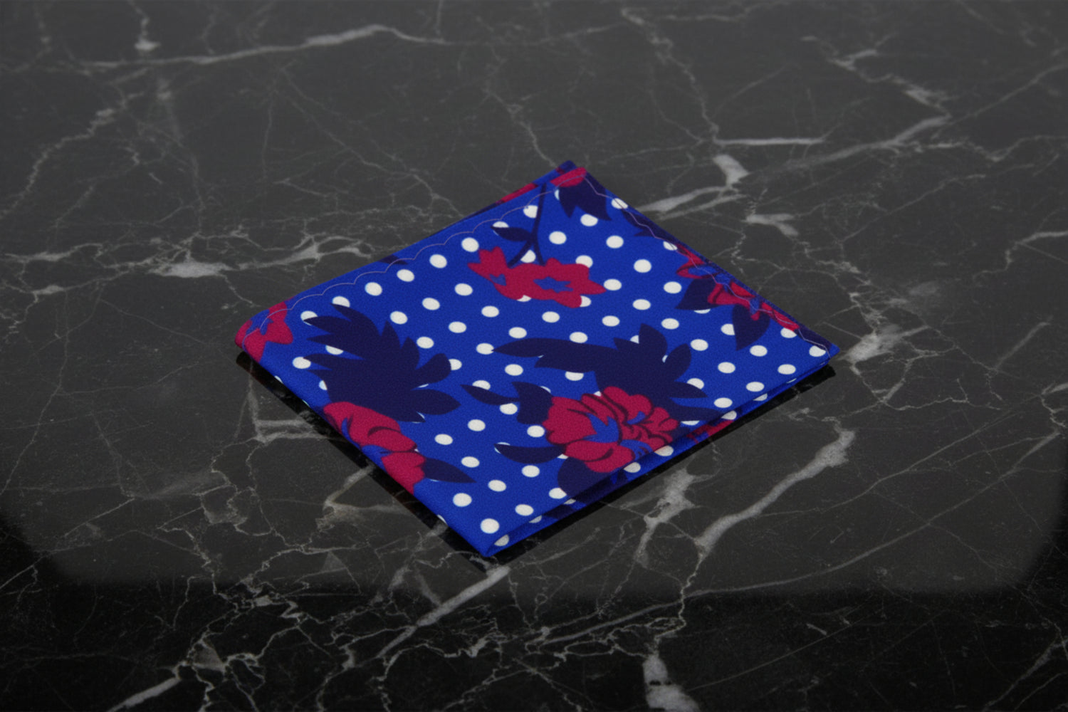 View 2: A Blue, Red, White Color Abstract Flowers and Palms Pattern Pocket Square