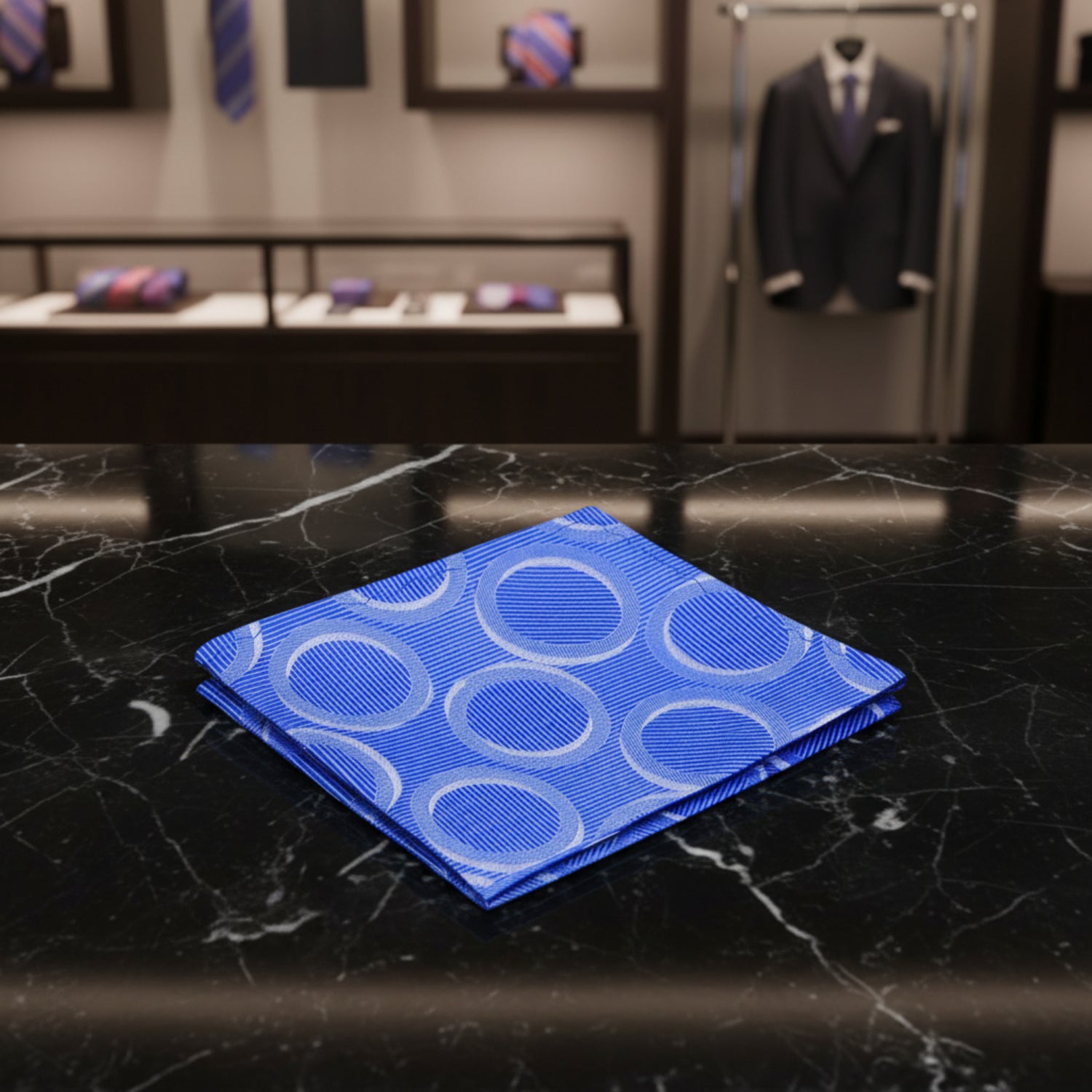View 2: Blue, White Rings Pocket Square