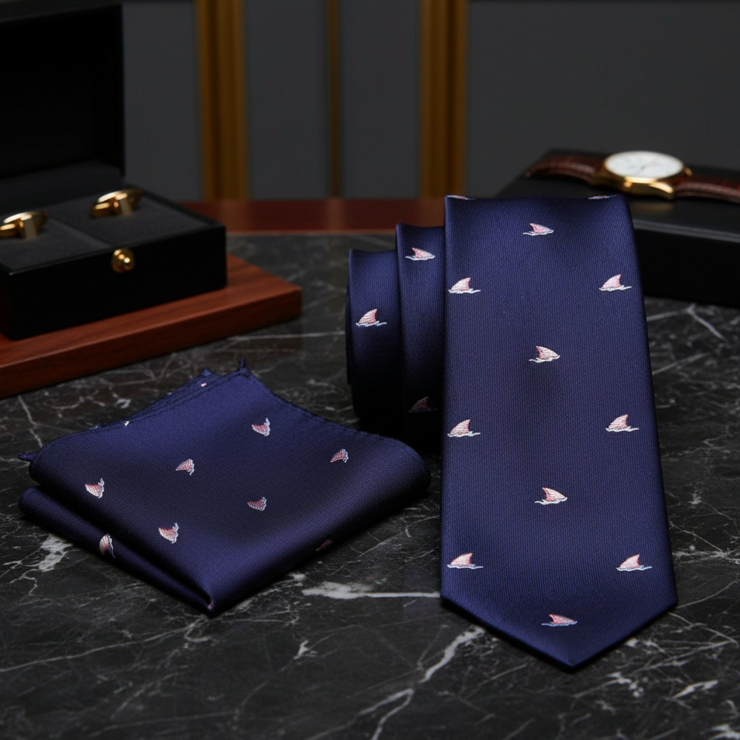 Alt View: Blue, Light Pink Shark Fins Tie and Pocket Square