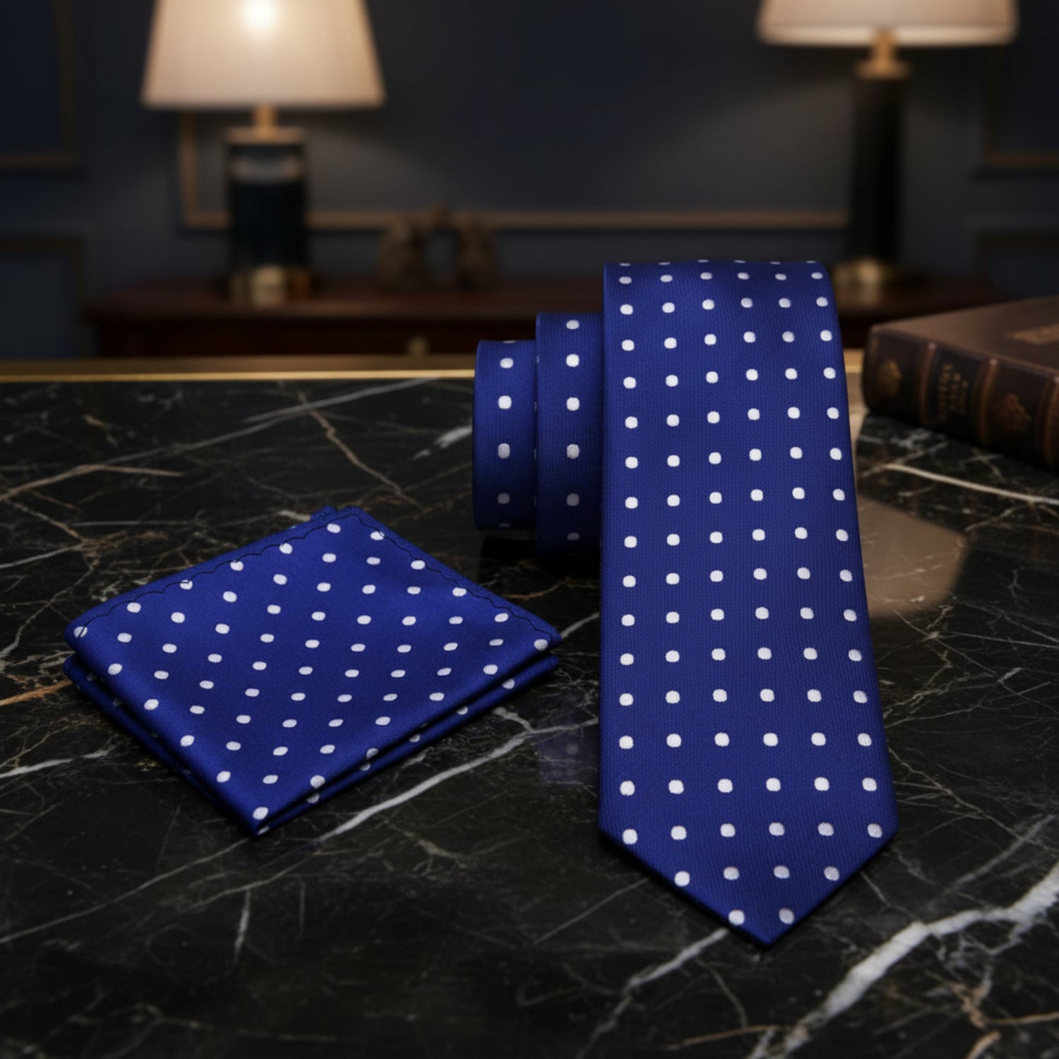 Alt View: A Dark Blue, White Small Polka Dots Pattern Necktie, Matching Pocket Square