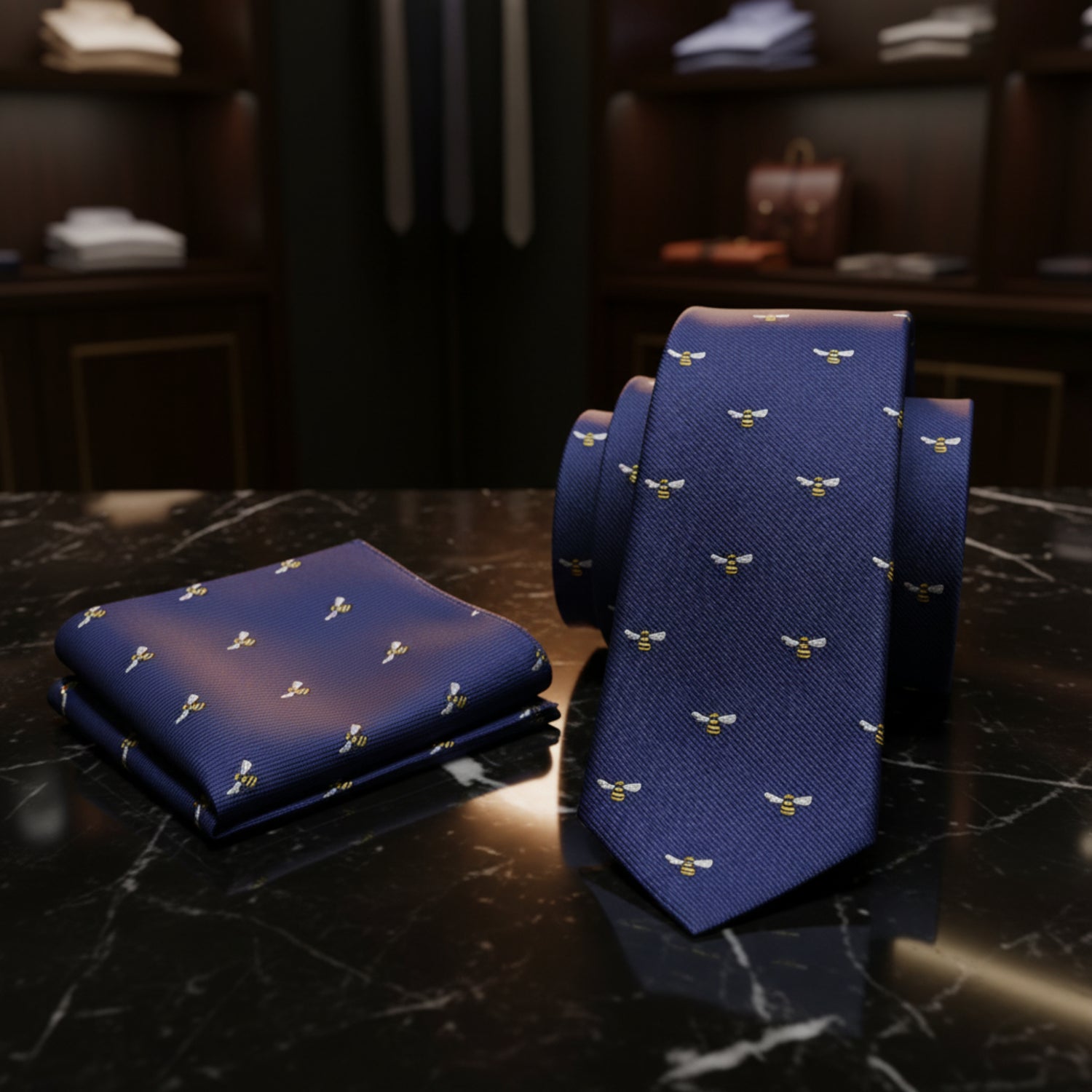 Alt View: Blue, Yellow, Black Honey Bee Tie and Pocket Square