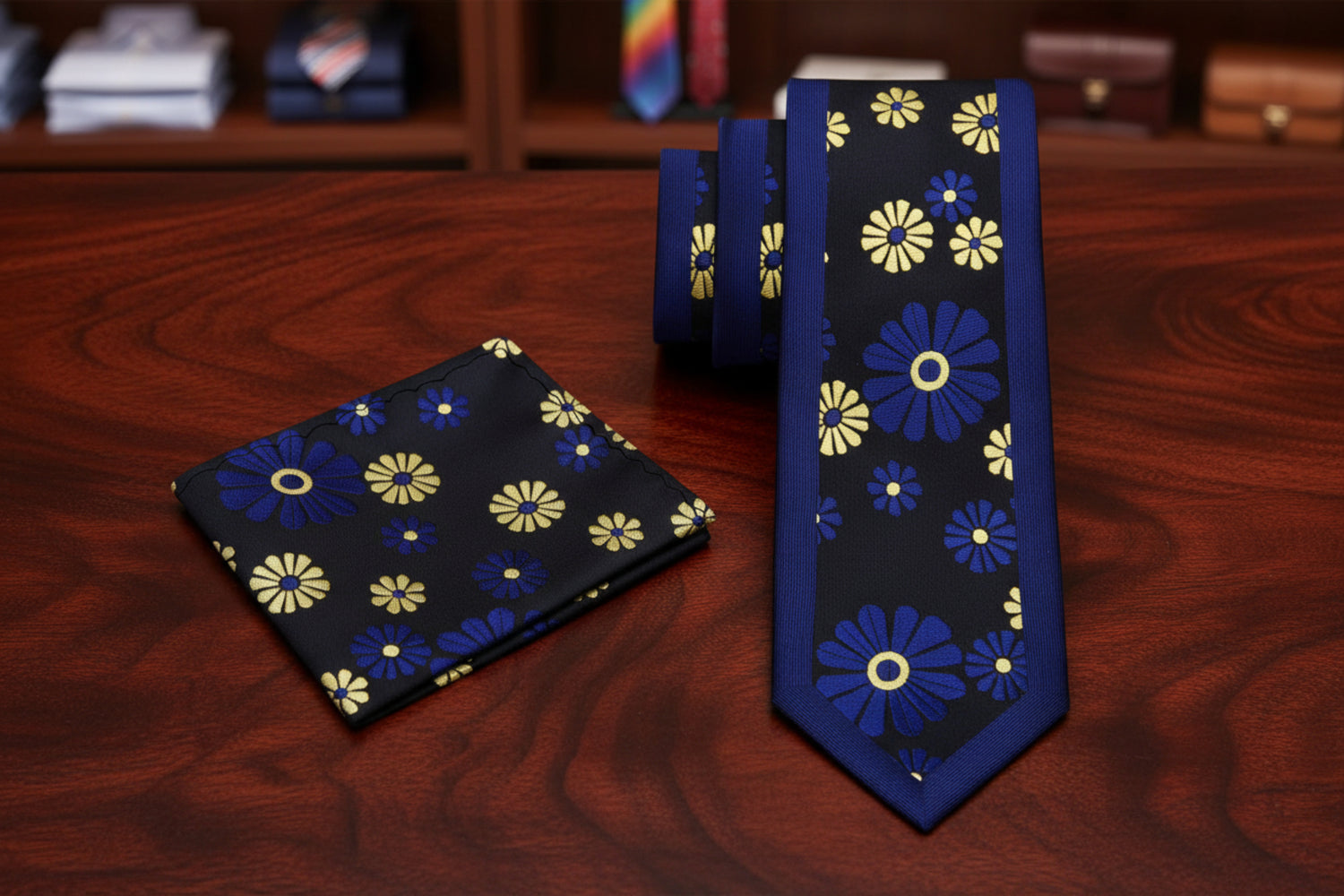 Alt View; Dark Blue, Black and Yellow Cactus Flower Tie