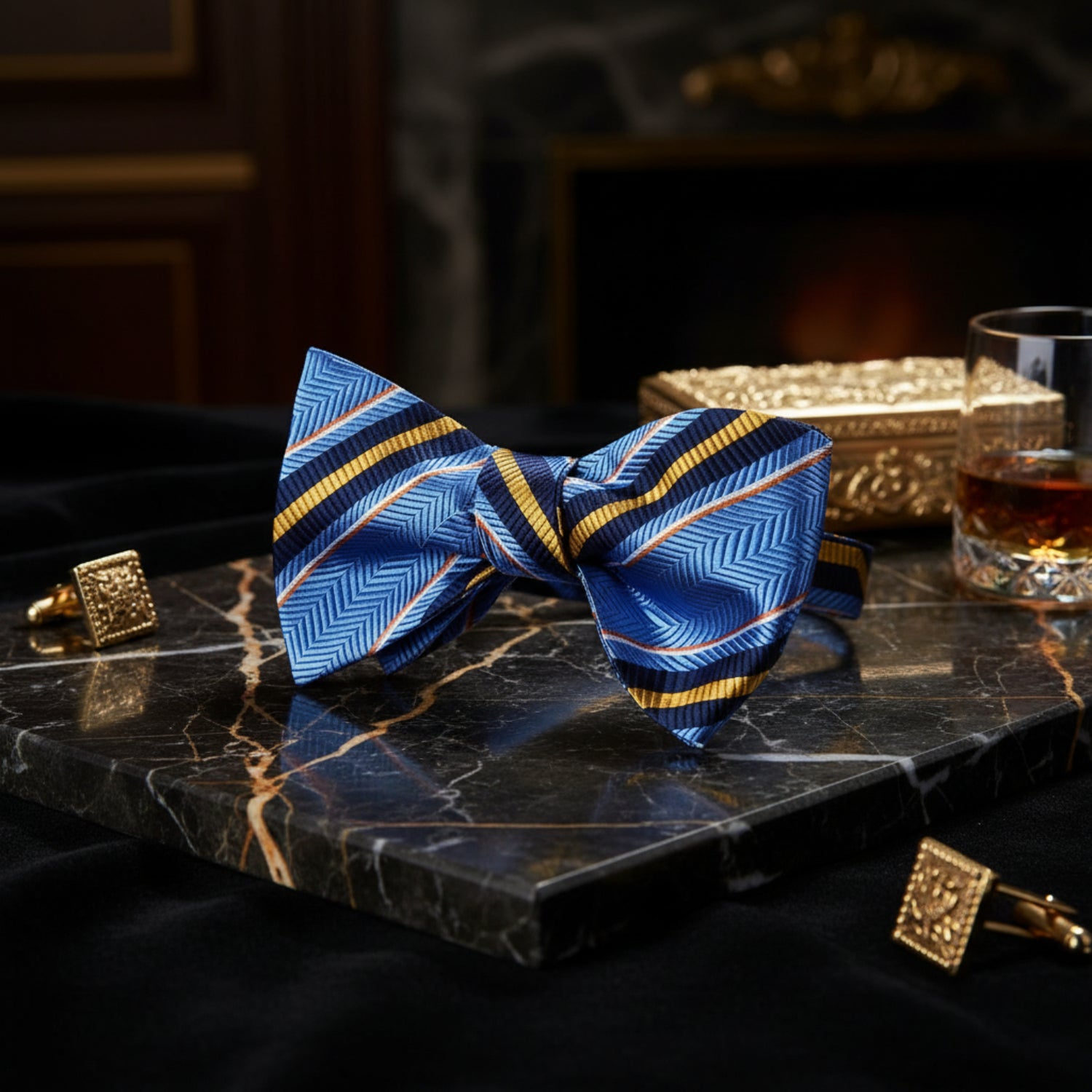 A Blue, Yellow Stripe Pattern Pre Tied Bow Tie 