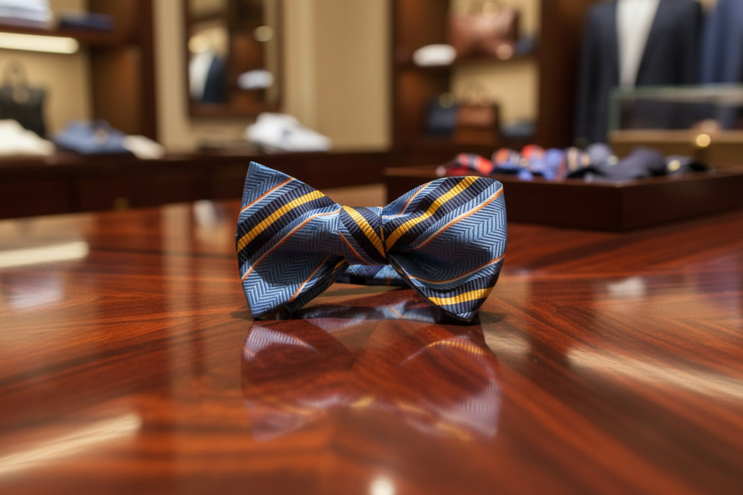 A Light Blue, Yellow Stripe Pattern Silk Self Tie Bow Tie