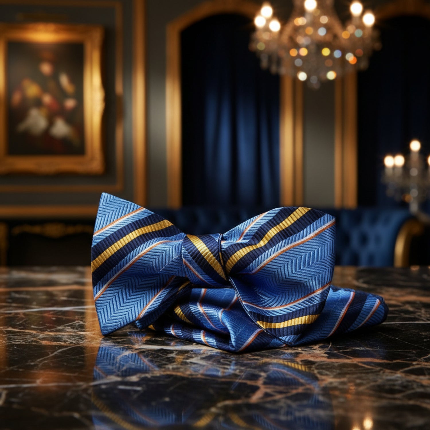 A Blue, Yellow Stripe Pattern Pre Tied Bow Tie, Matching Pocket Square