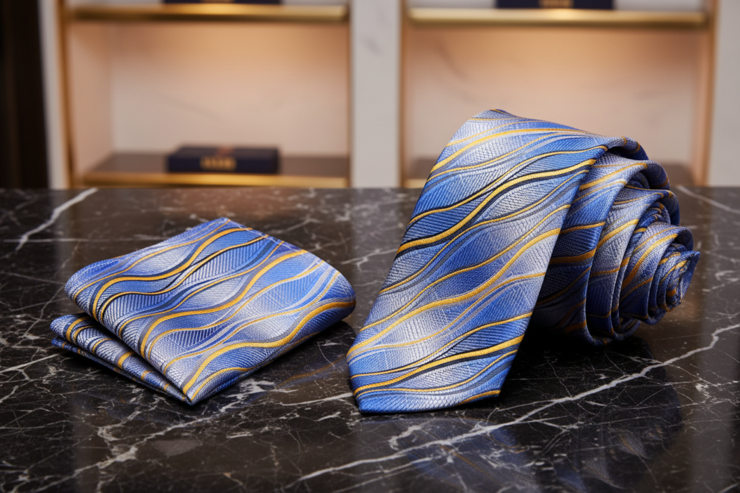 View 2: A Light Blue, Yellow, Black Abstract Wavy Lines Necktie, Pocket Square
