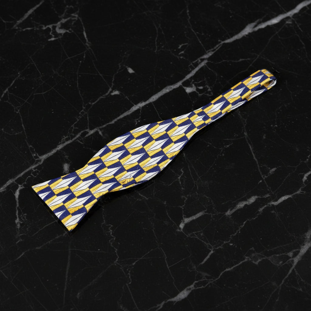 Self Tie: A Yellow, Blue, Grey Geometric Diamonds Pattern Self Tie Bow Tie
