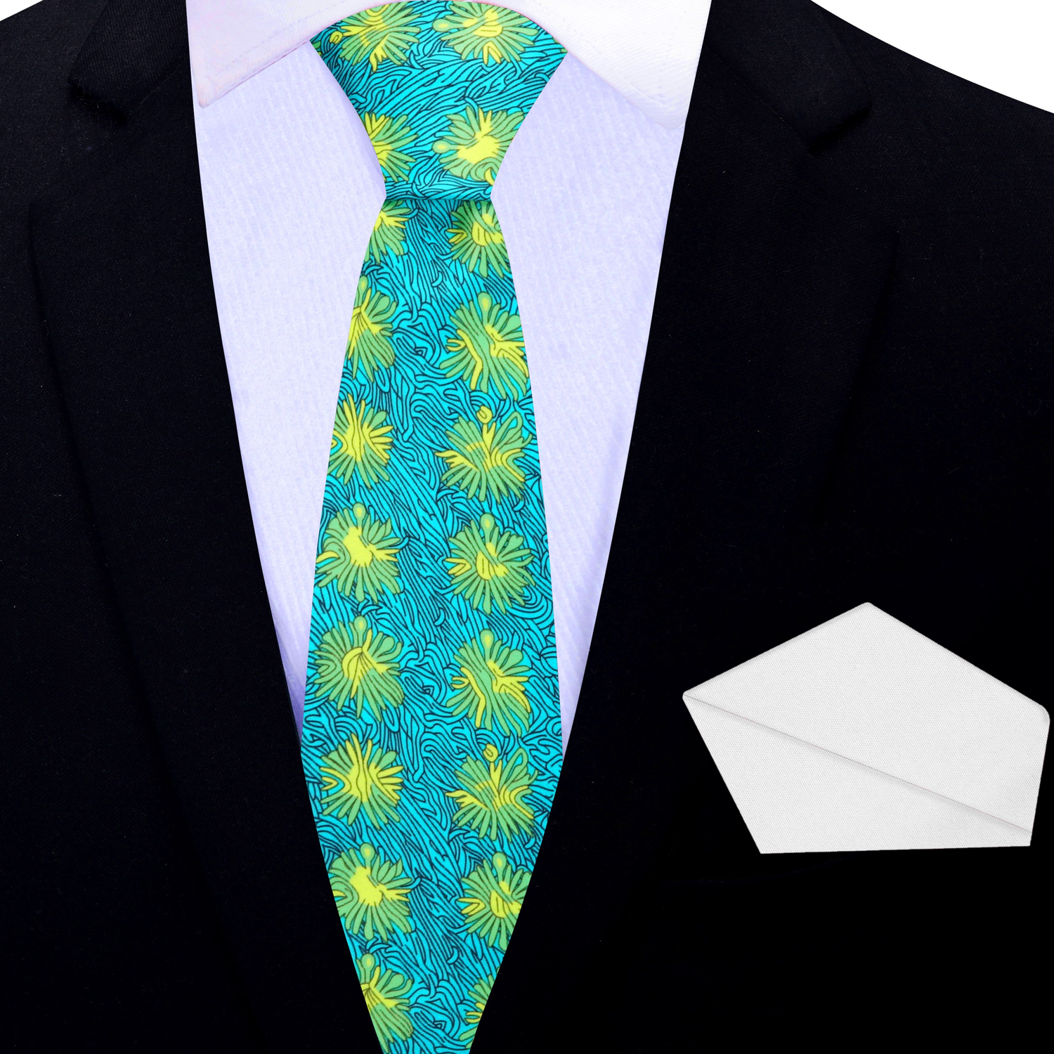 Thin Tie: Light Blue, Green, Yellow Abstract Tie with White Square
