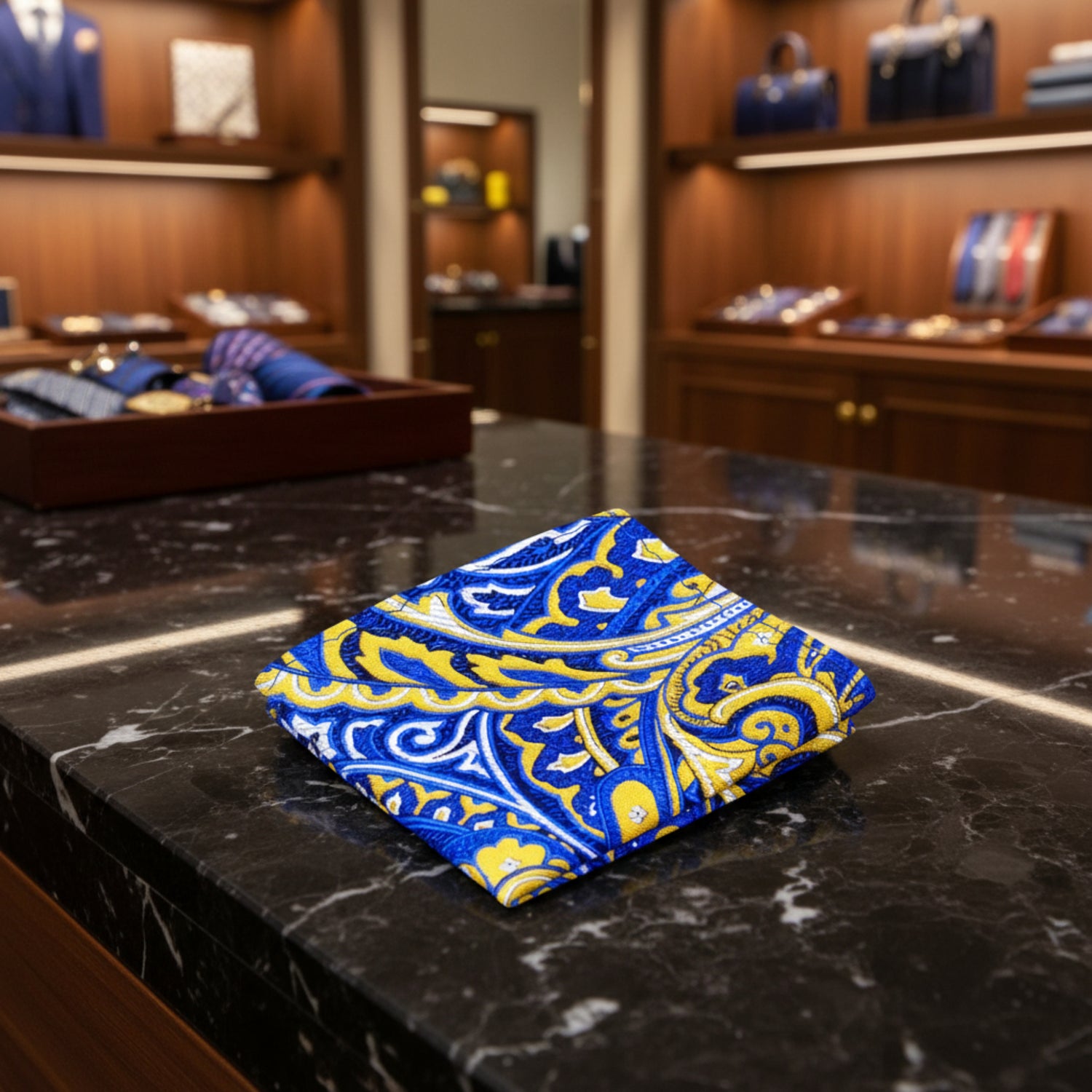 View 2: Blue, Yellow Paisley Pocket Square