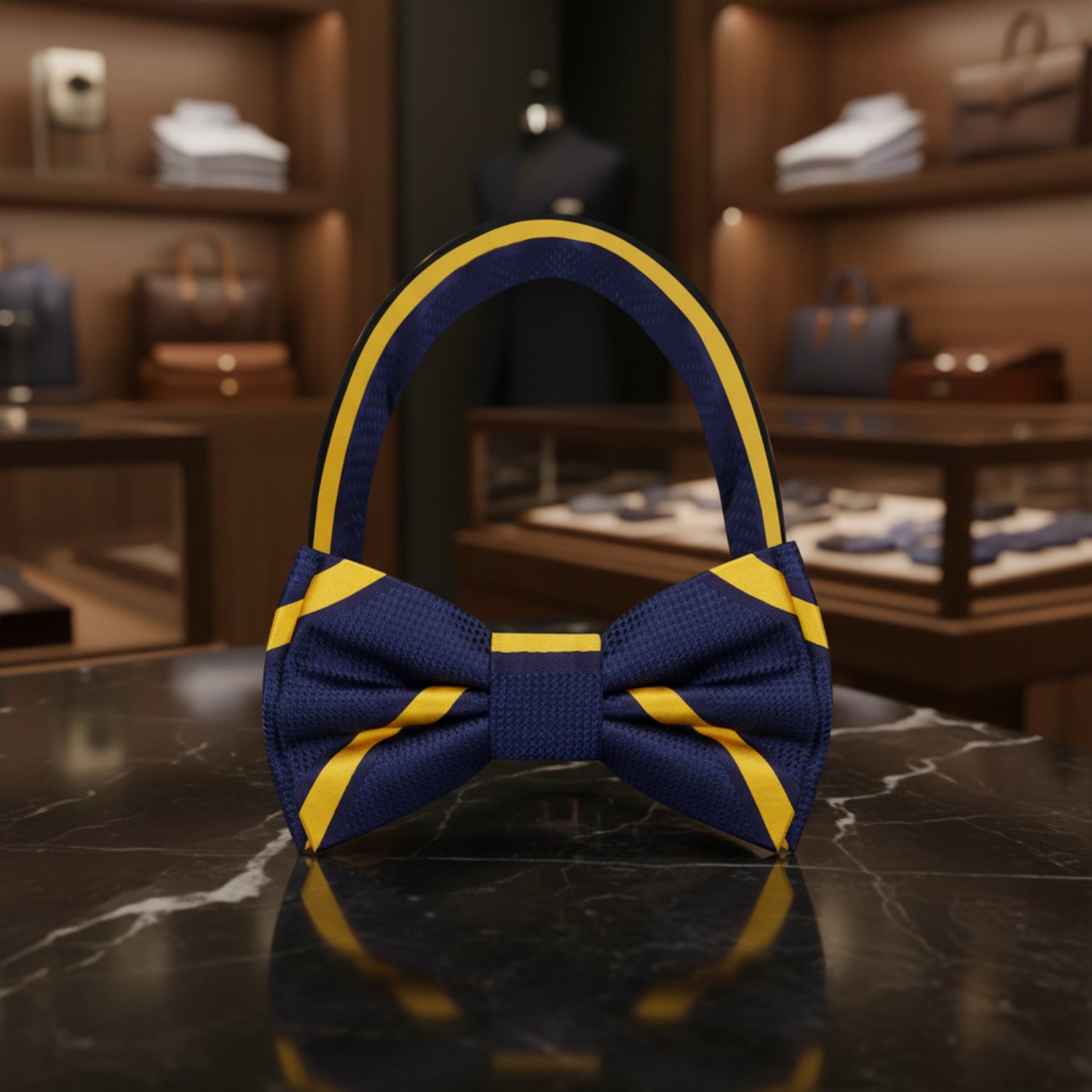 Blue, Yellow Gold Stripe Bow Tie Pre Tied