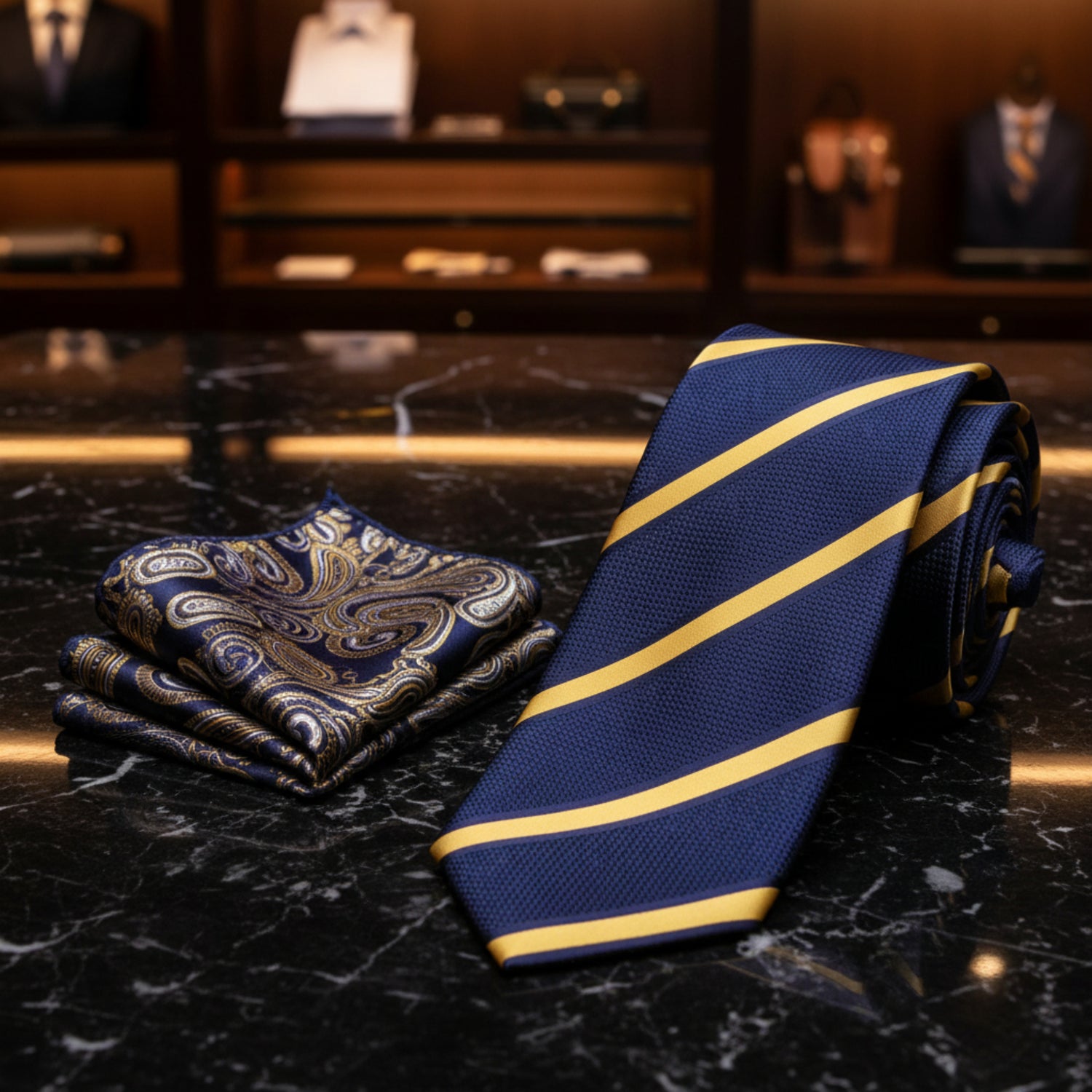 Alt View: Blue, Yellow Stripe Tie and Accenting Blue Gold Square