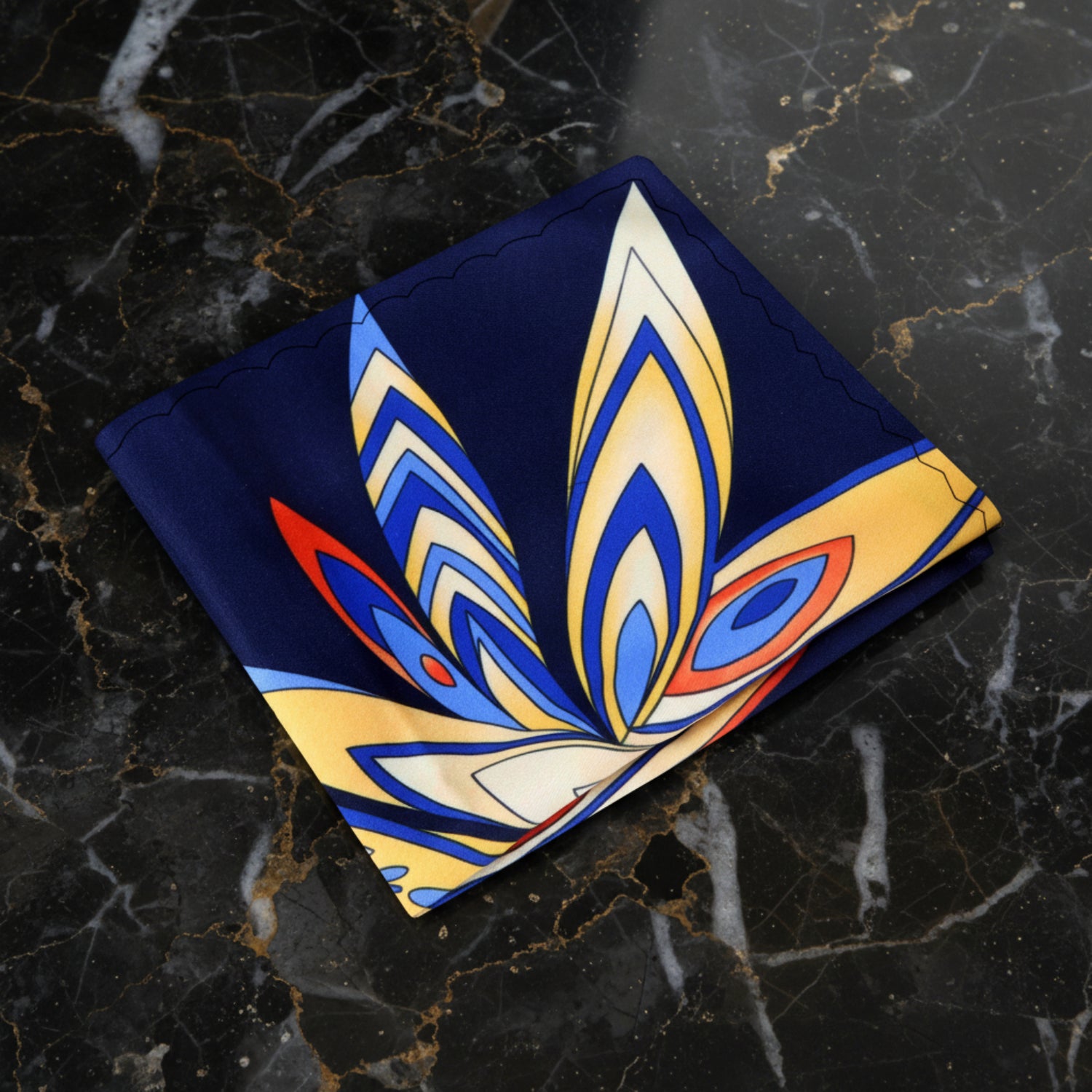 Main View: A Blue, Orange, yellow, Red Abstract Pattern Pocket Square