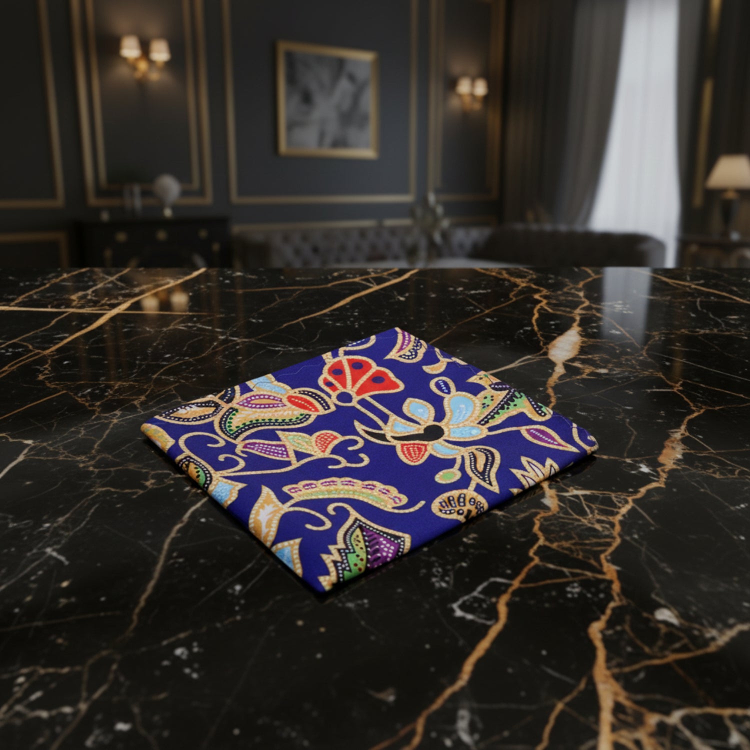 A Blue, Red, Yellow Abstract Floral Pattern Pocket Square