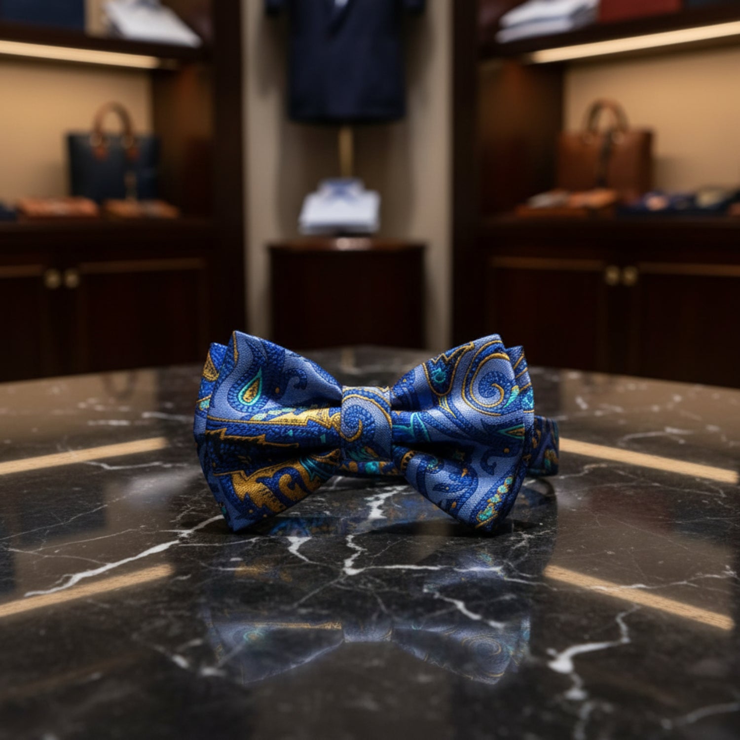 A Blue, Yellow Color Paisley Pattern  Kids Pre-Tied Bow Tie 