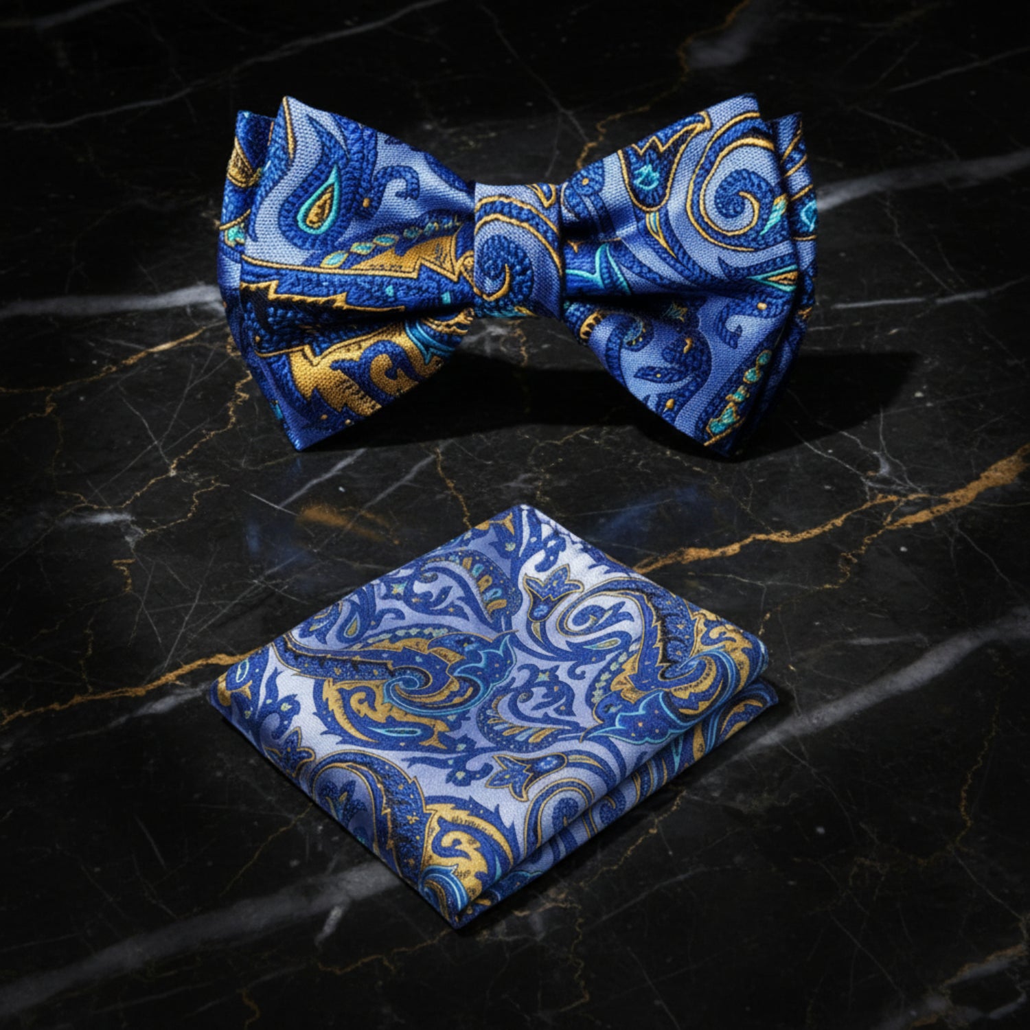 Main View: A Blue, Yellow Color Paisley Pattern Kids Pre-Tied Bow Tie, Matching Pocket Square