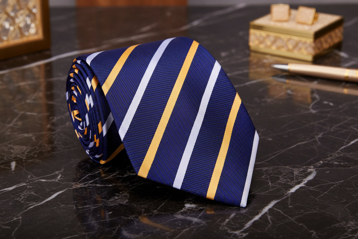 A Dark Blue, Gold, White Stripe Pattern Necktie 