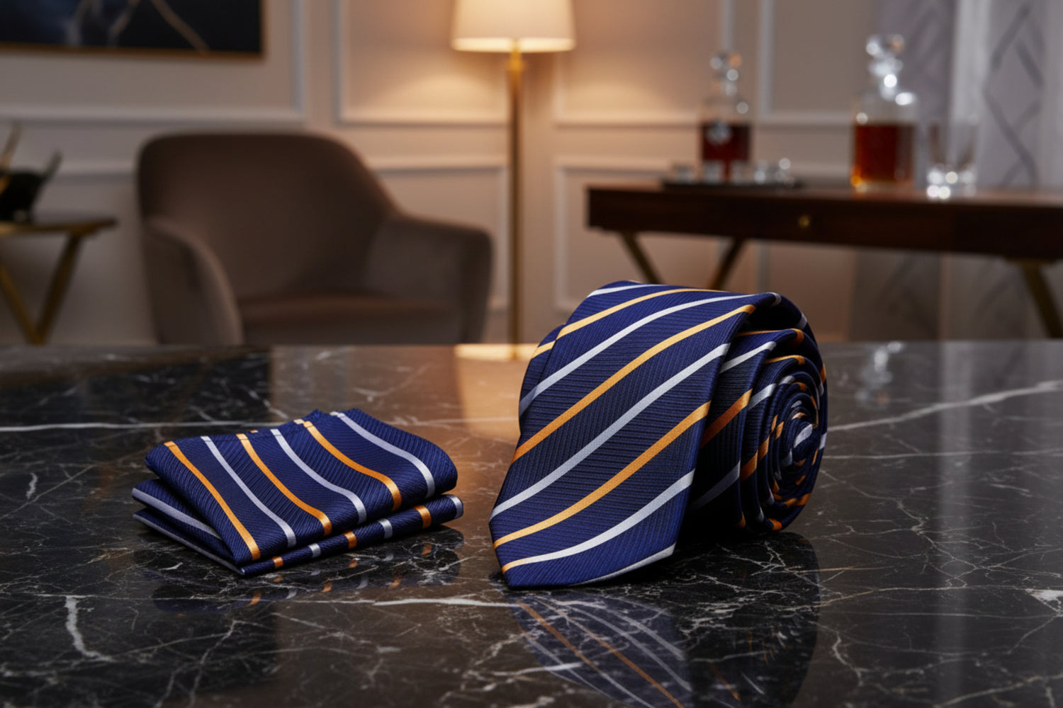 Alt View: A Dark Blue, Gold, White Stripe Pattern Necktie, Matching Pocket Square