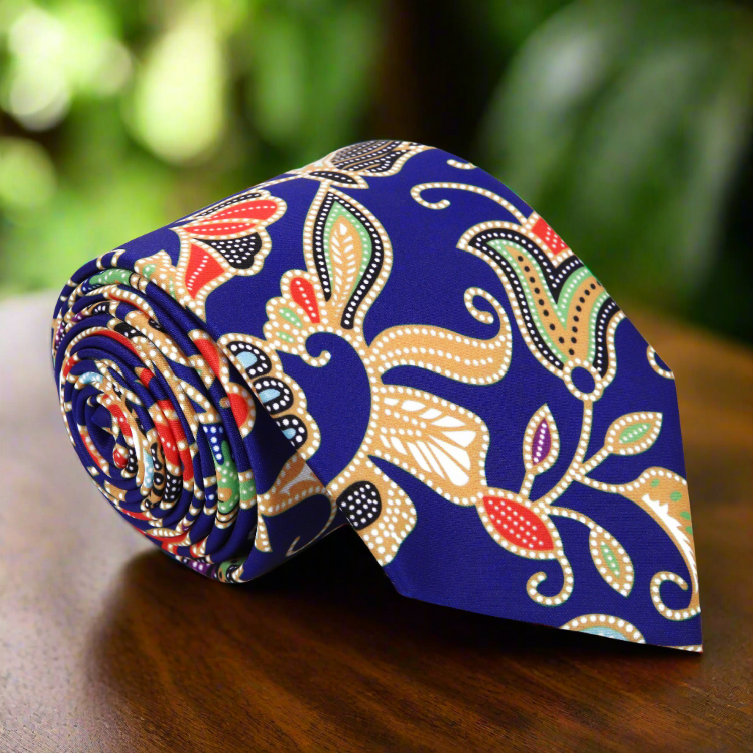 A Dark Blue, Yellow, Red, And Green Abstract Floral Pattern Necktie 
