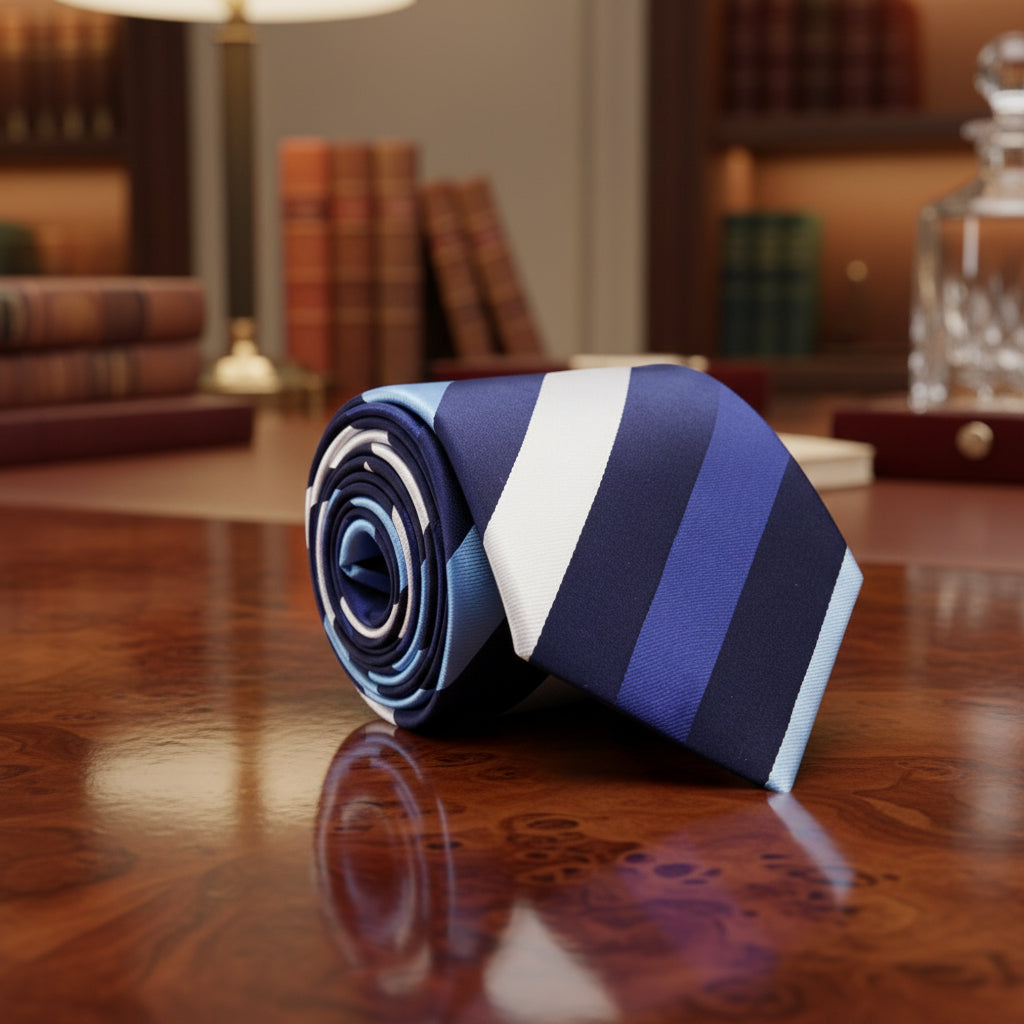 Blue, Dark Blue, White Stripe Tie  