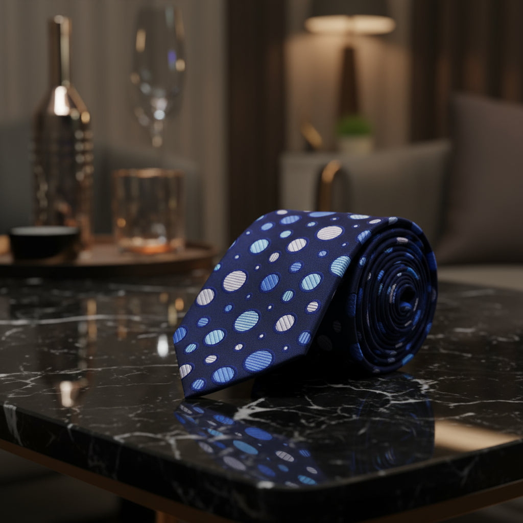 A Dark Blue, Blue, White Polka Dot Pattern Necktie 