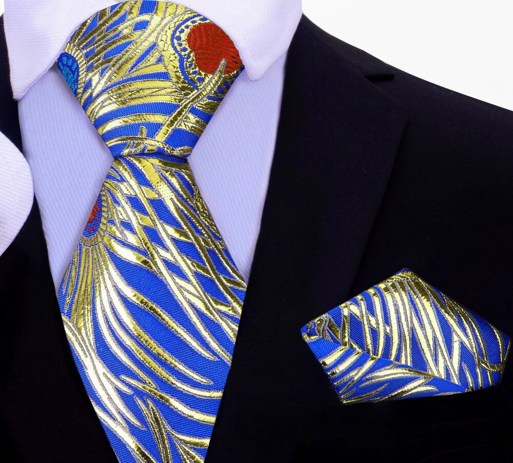 A Bright Blue With Metallic Gold, Blue, Red And Orange Color Abstract Peacock Pattern Necktie, Matching  Pocket Square