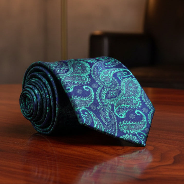 A Green, Blue Paisley Pattern Necktie ||Navy Blue, Green