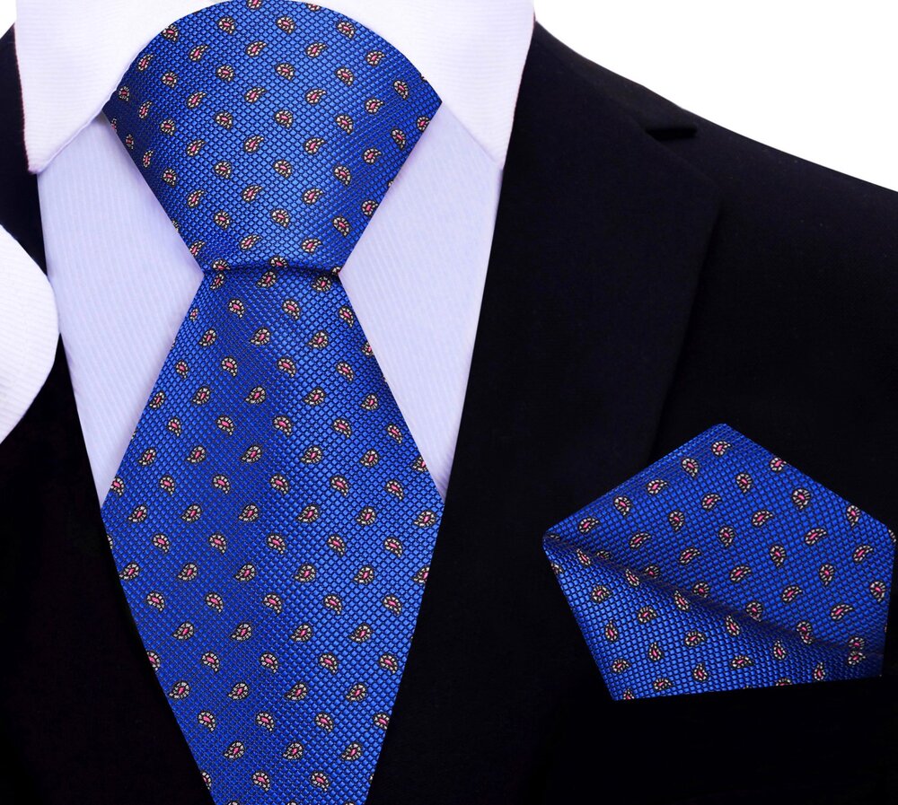 A Blue With Light Brown, Pink Paisley Silk Necktie, Matching Pocket Square
