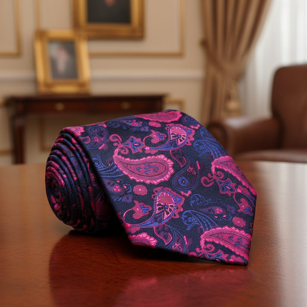 A Dark Blue, Pink Paisley Pattern Necktie||Blue, Pink