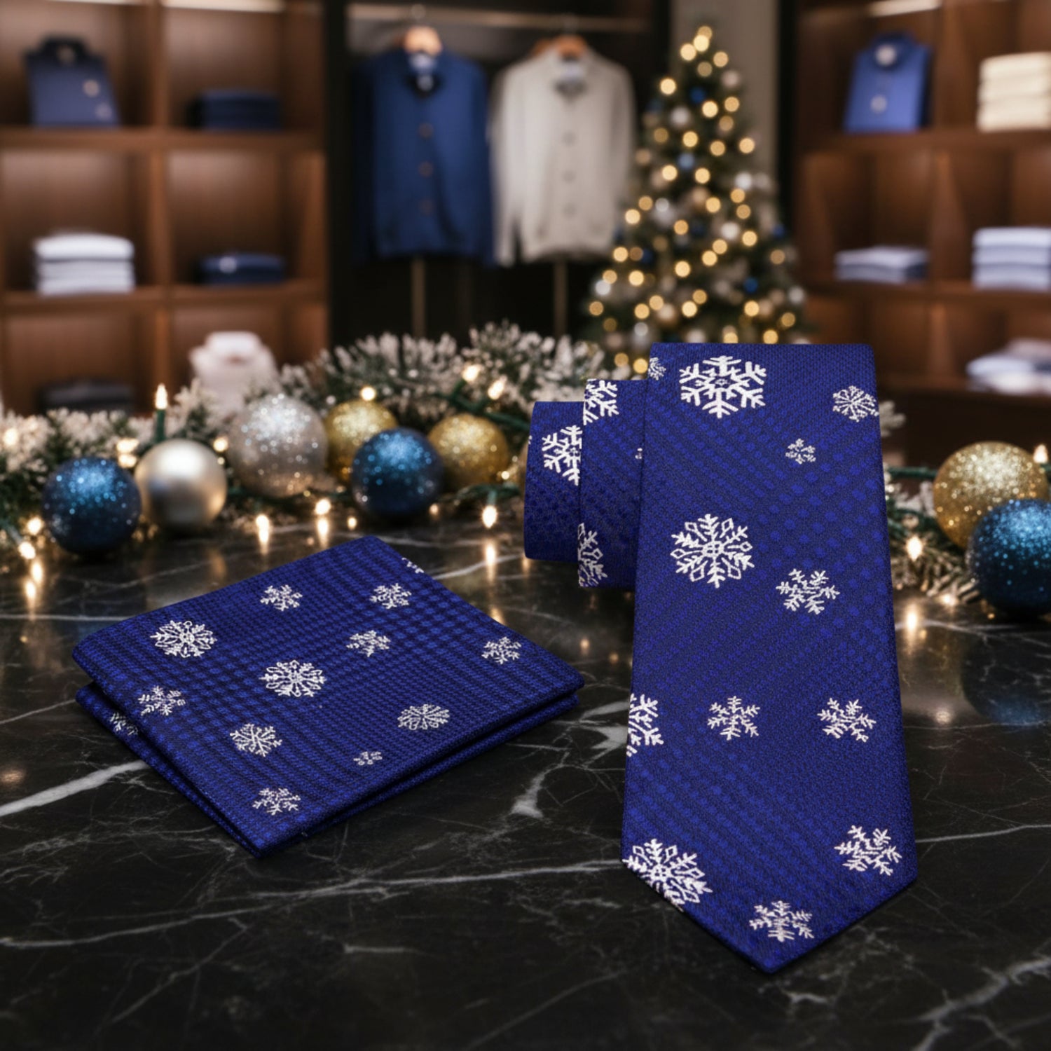 Alt View: Blue, White Snowflake Tie and Pocket Square