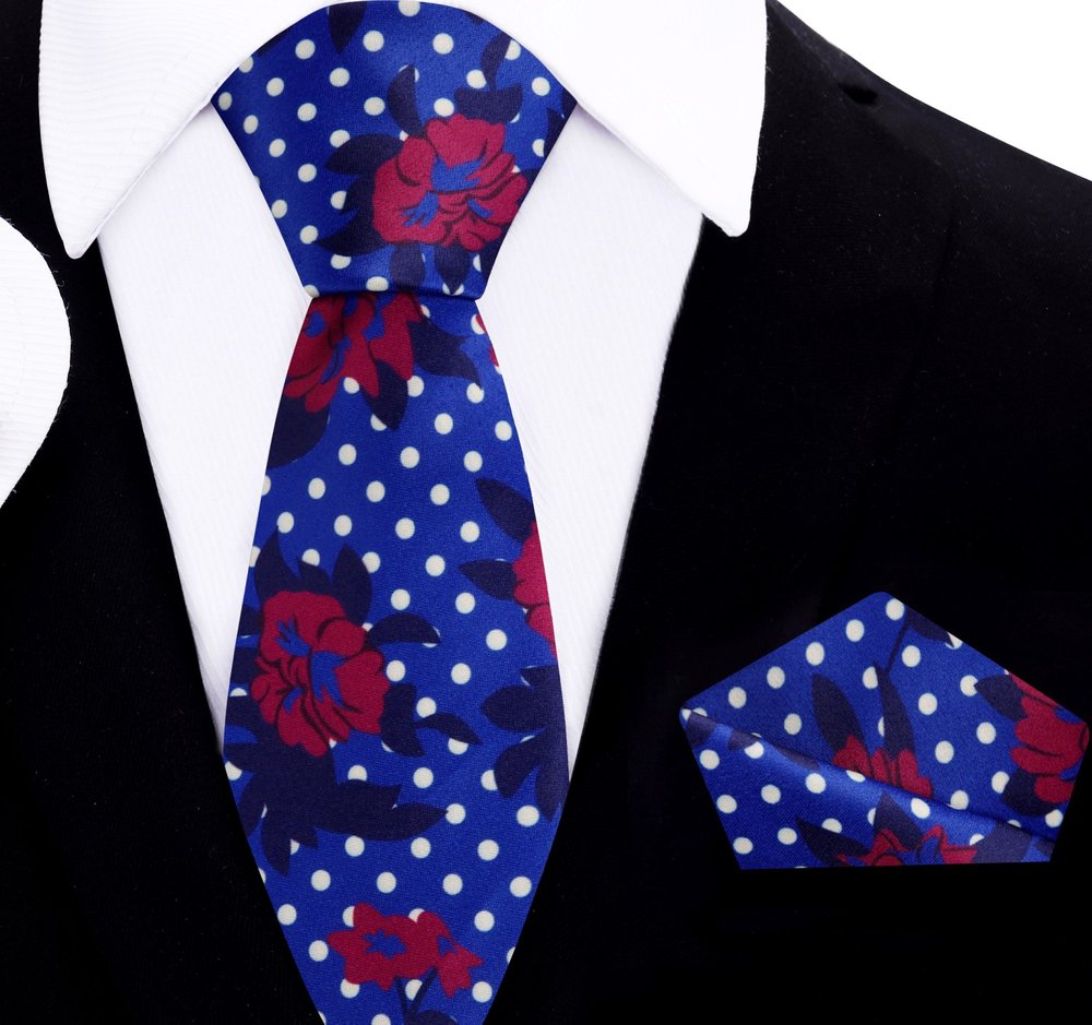 A Blue, White, Red Color Abstract Polka and Floral Pattern Thin Tie, Pocket Square