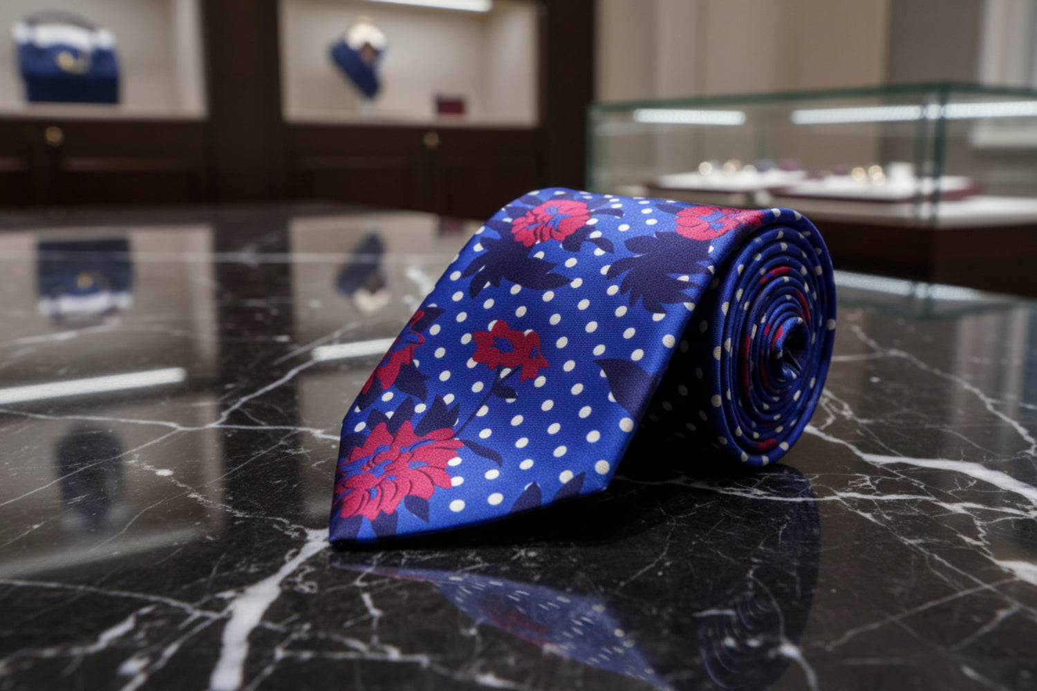 Blue, White and Red Dots and Flowers Tie