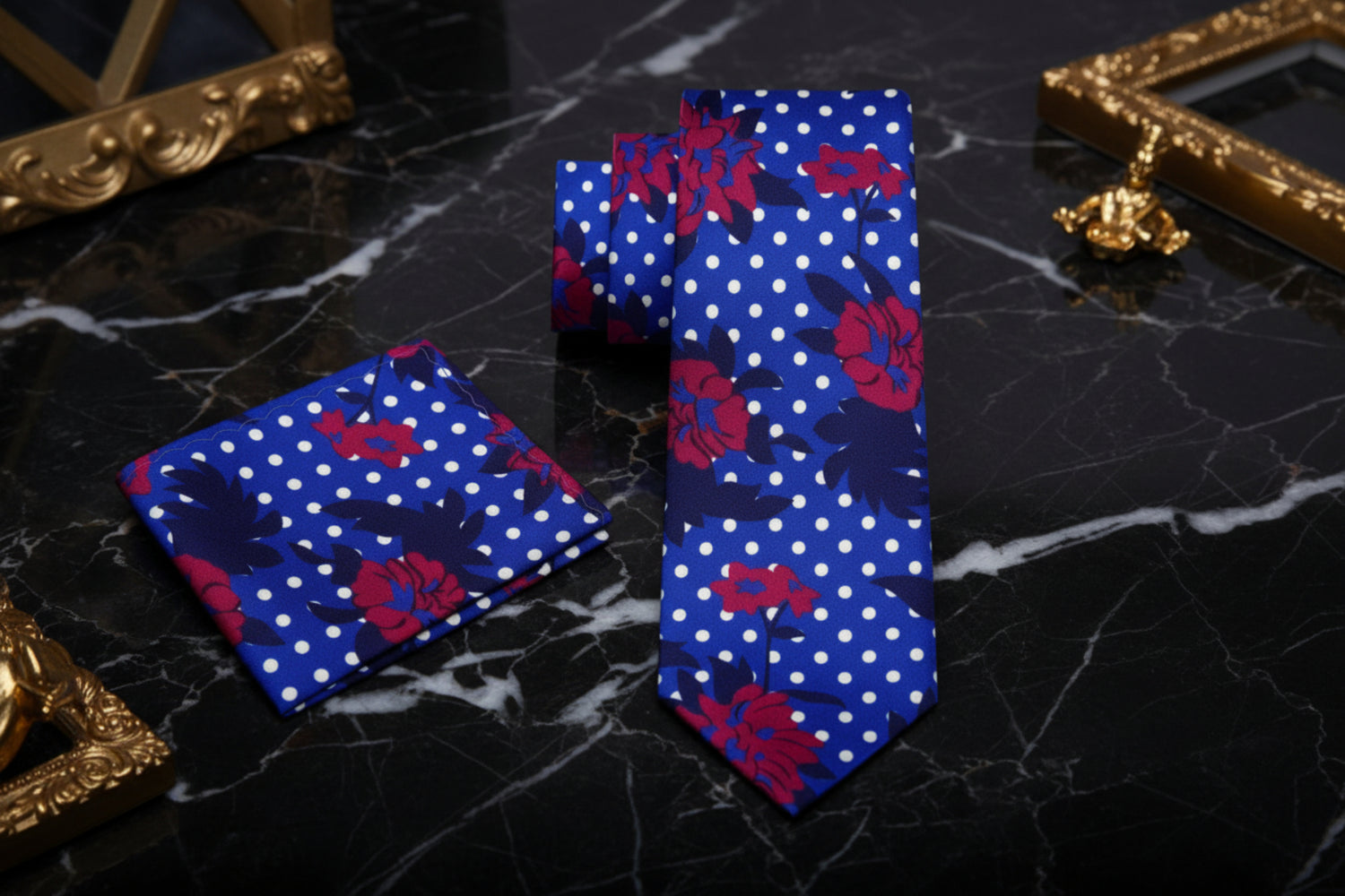 Alt View: A Blue, White, Red Color Abstract Polka and Floral Pattern Tie, Pocket Square