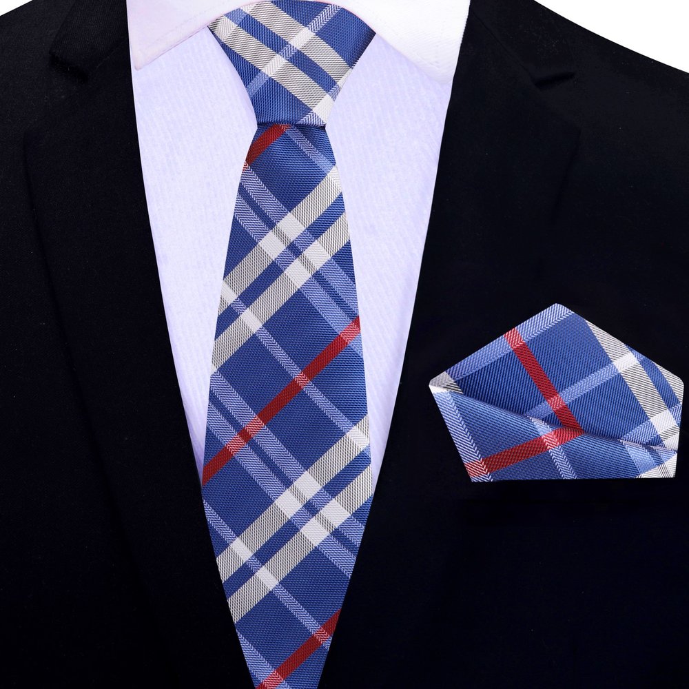Blue White Red Plaid Thin Tie and Square