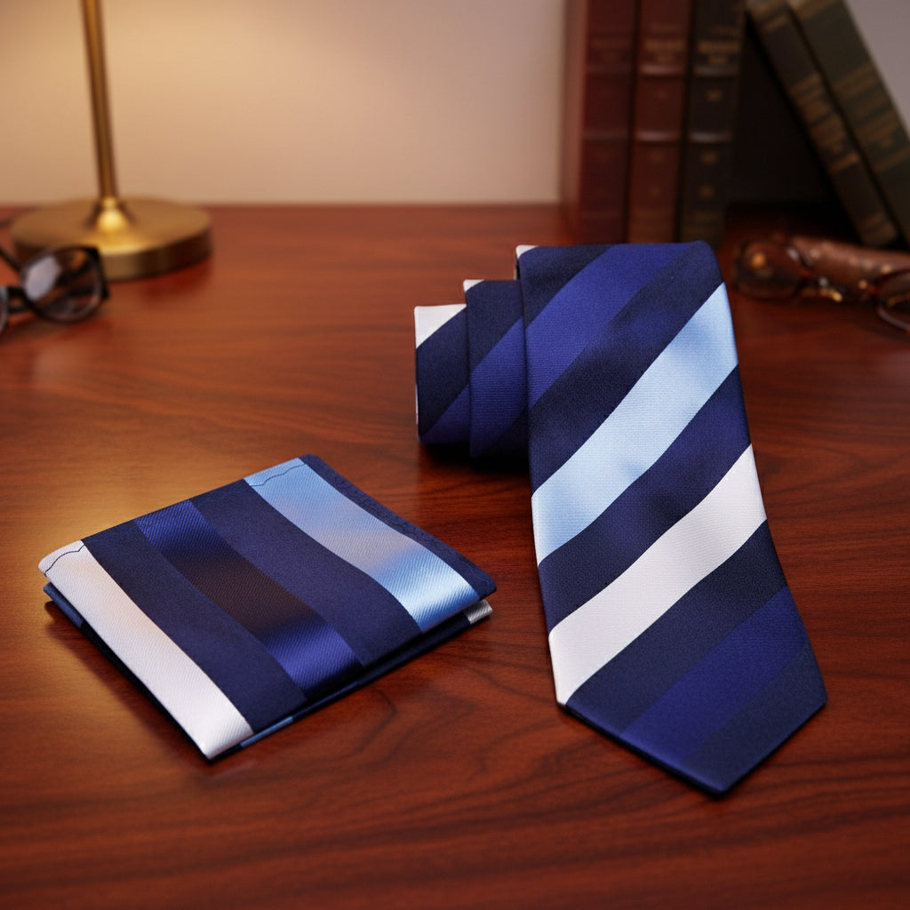 Alt View: Blue, Dark Blue, White Stripe Tie and Pocket Square