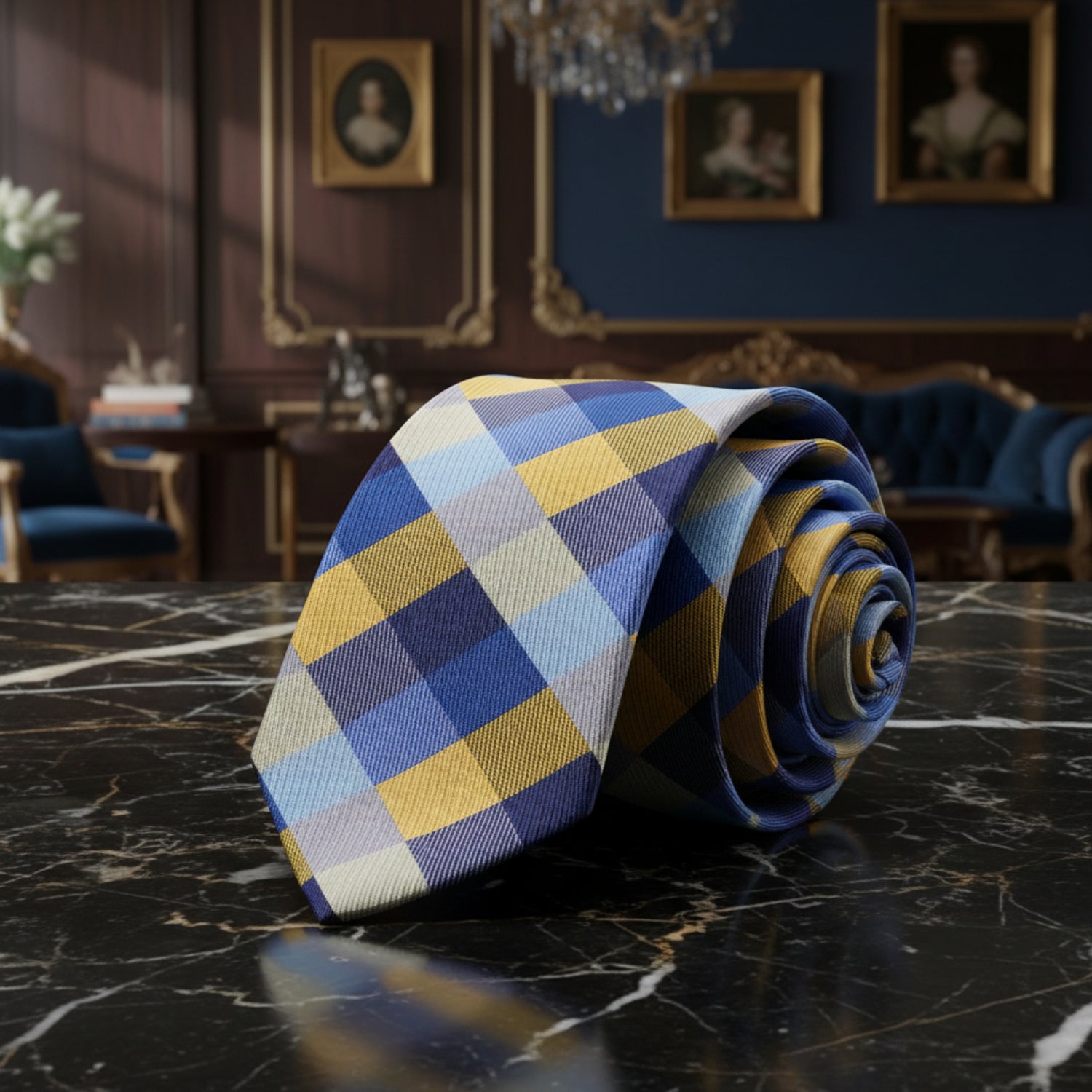 ||Blue Yellow View 2 Blue, Yellow Check Tie