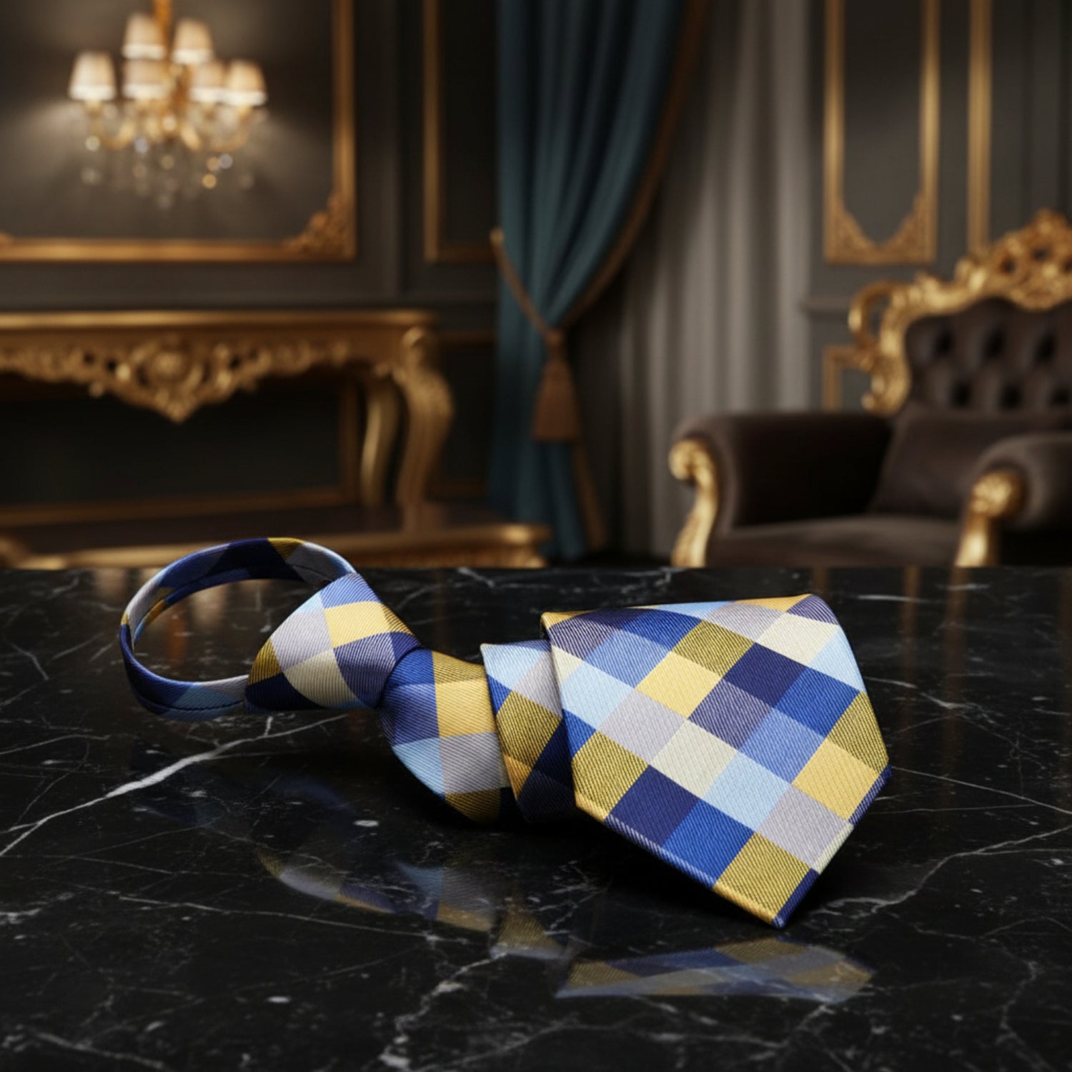 Zipper tie view: Blue, Yellow Check Tie