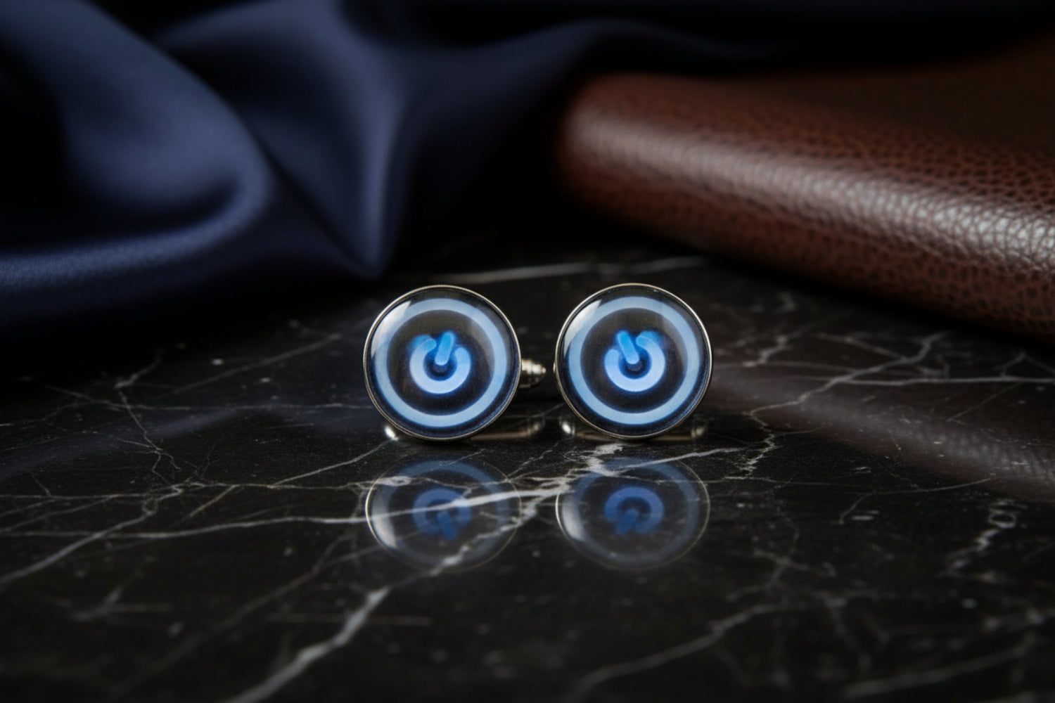 A Chrome, Dark Blue with Circle and Power Button Design Cuff-links||Blue