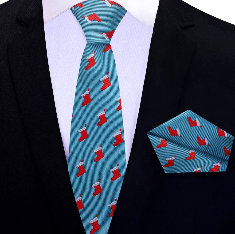 Thin Tie: Light Blue Christmas Stockings Tie and Pocket Square||Light Blue