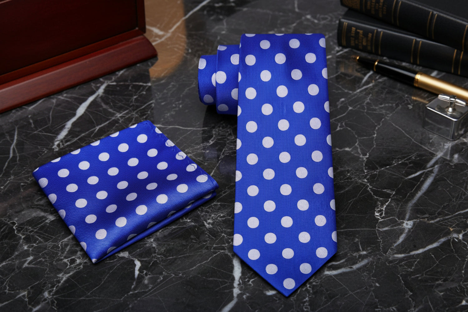 Alt View: A Blue, Grey Polka Dot Pattern Necktie, Matching Pocket Square