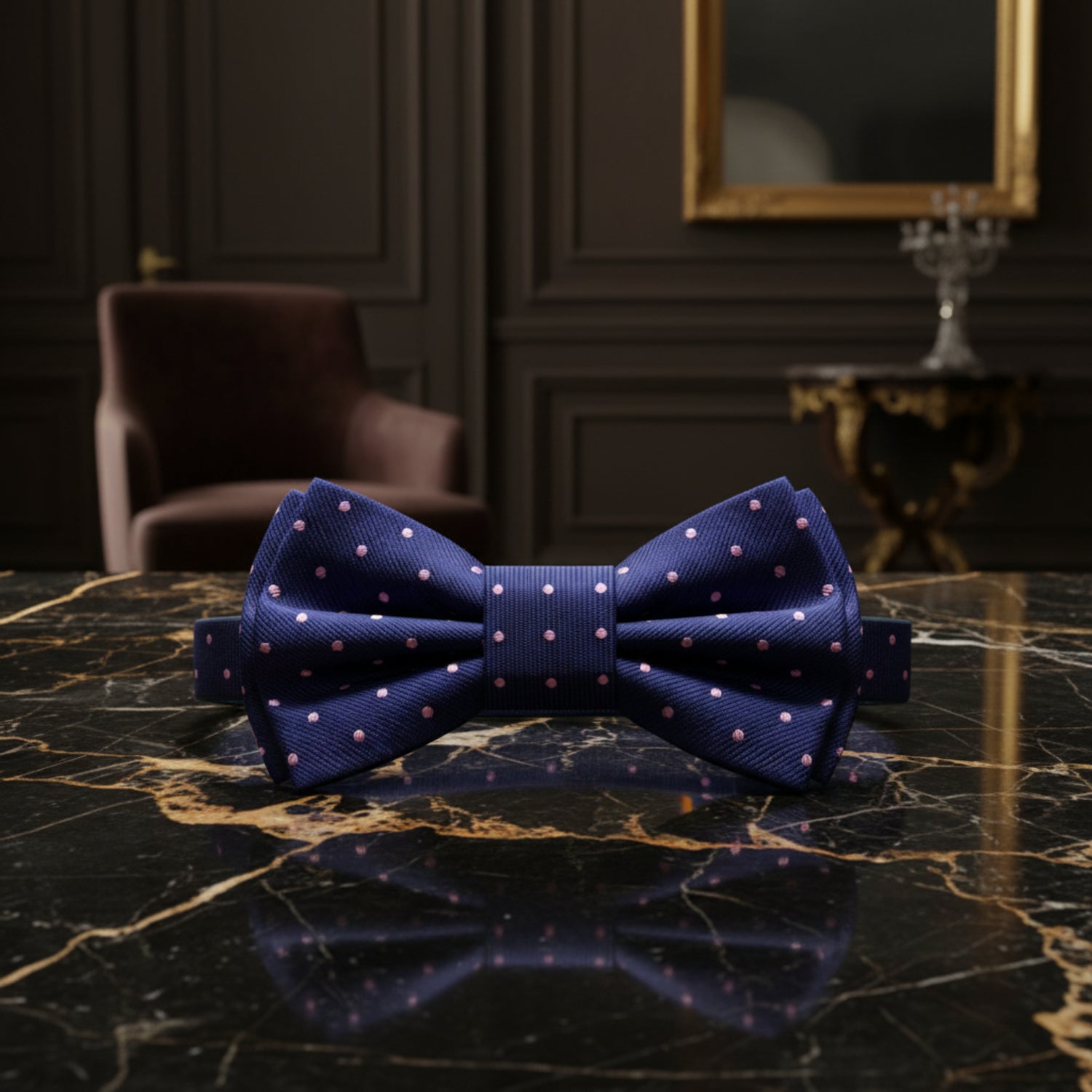 A blue and pink polka dot pre tied bow tie 