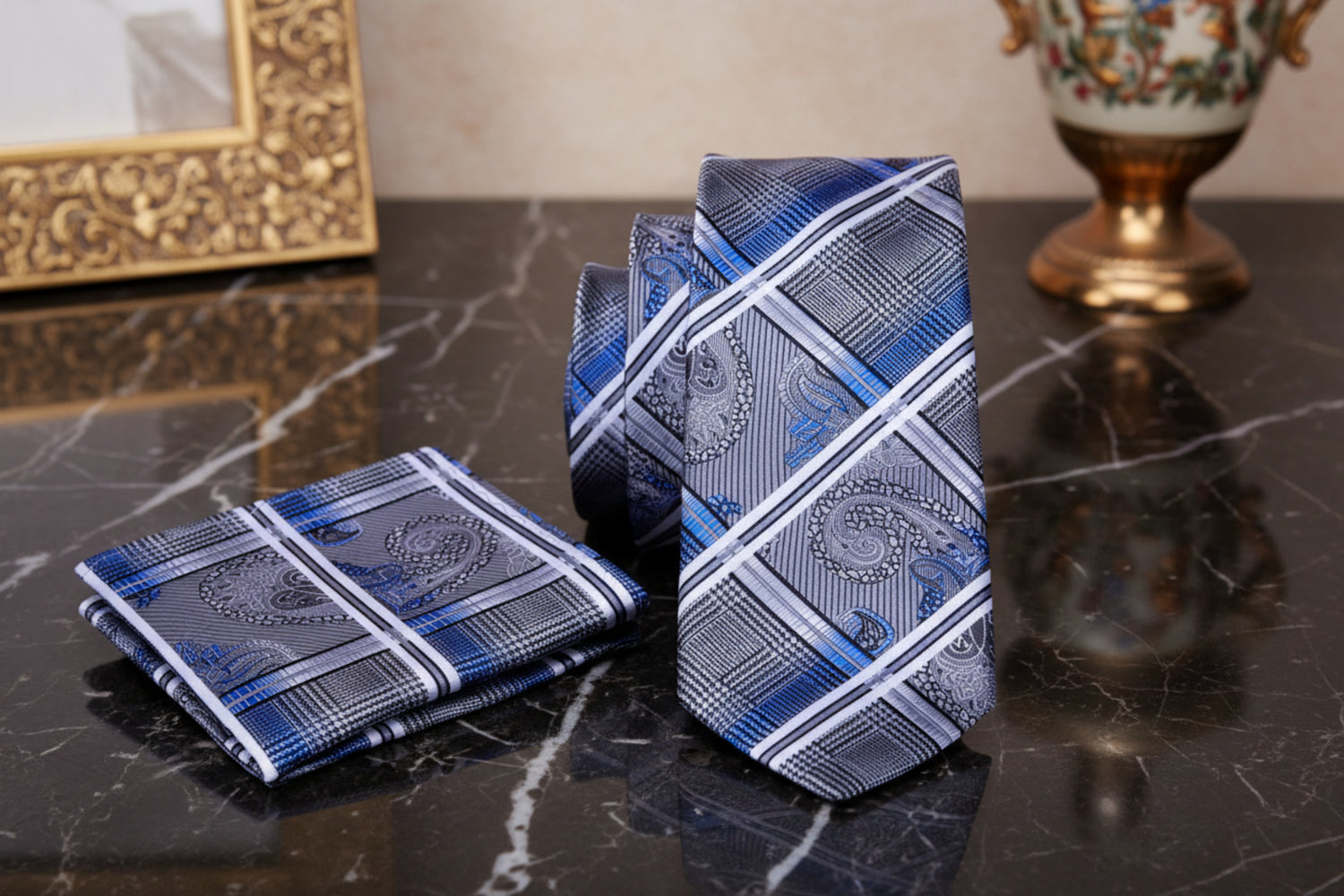 View 2: A Blue, Black, White, Grey Paisley Self Tie Necktie and Pocket Square