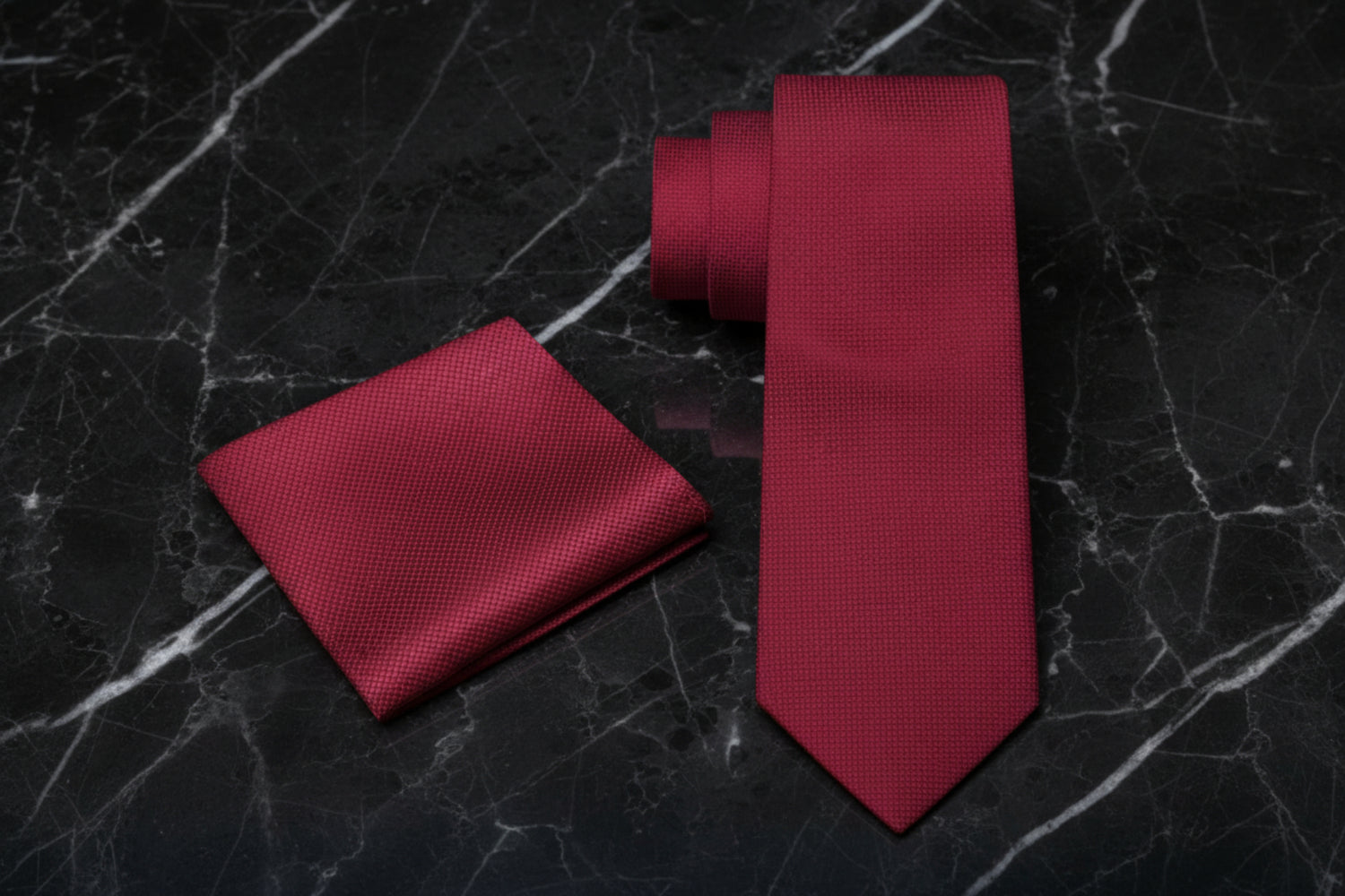 Alt View: A Solid Deep Red With Check Texture Pattern Necktie, Matching Pocket Square