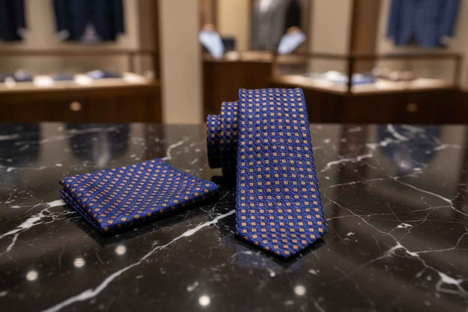 Alt View: A Deep Blue, Brown Check Pattern Necktie, Matching Pocket Square